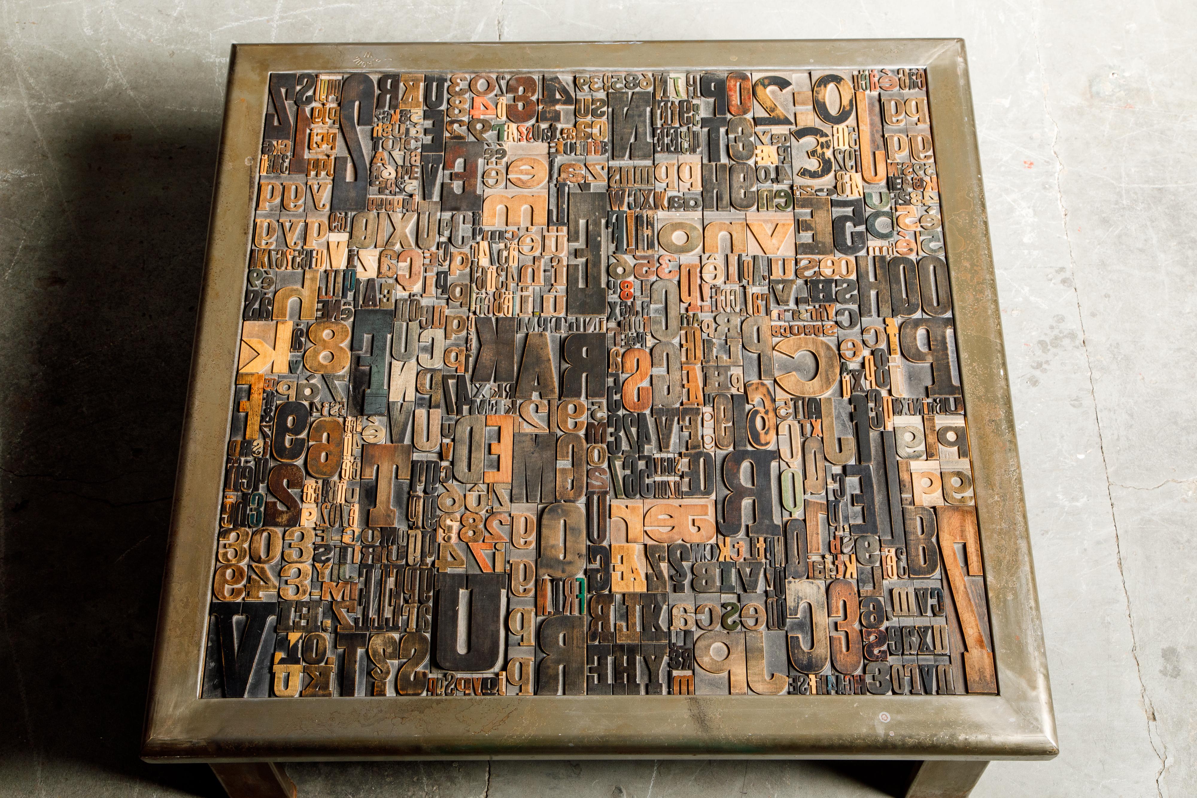 'Les Lettres' Steel and Wood Letterpress Cocktail Table by Raoul W., Signed  For Sale 2