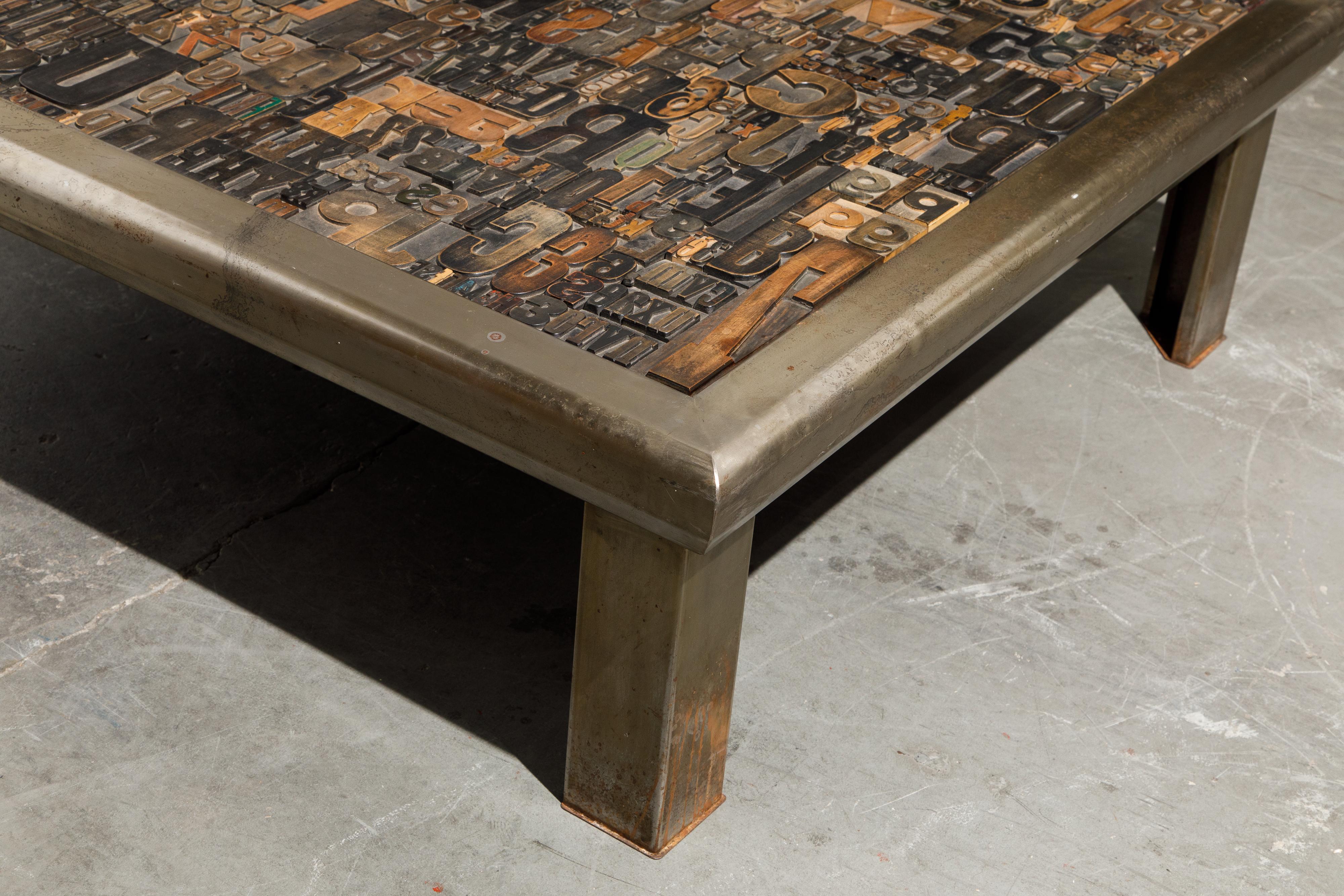 'Les Lettres' Steel and Wood Letterpress Cocktail Table by Raoul W., Signed  For Sale 5
