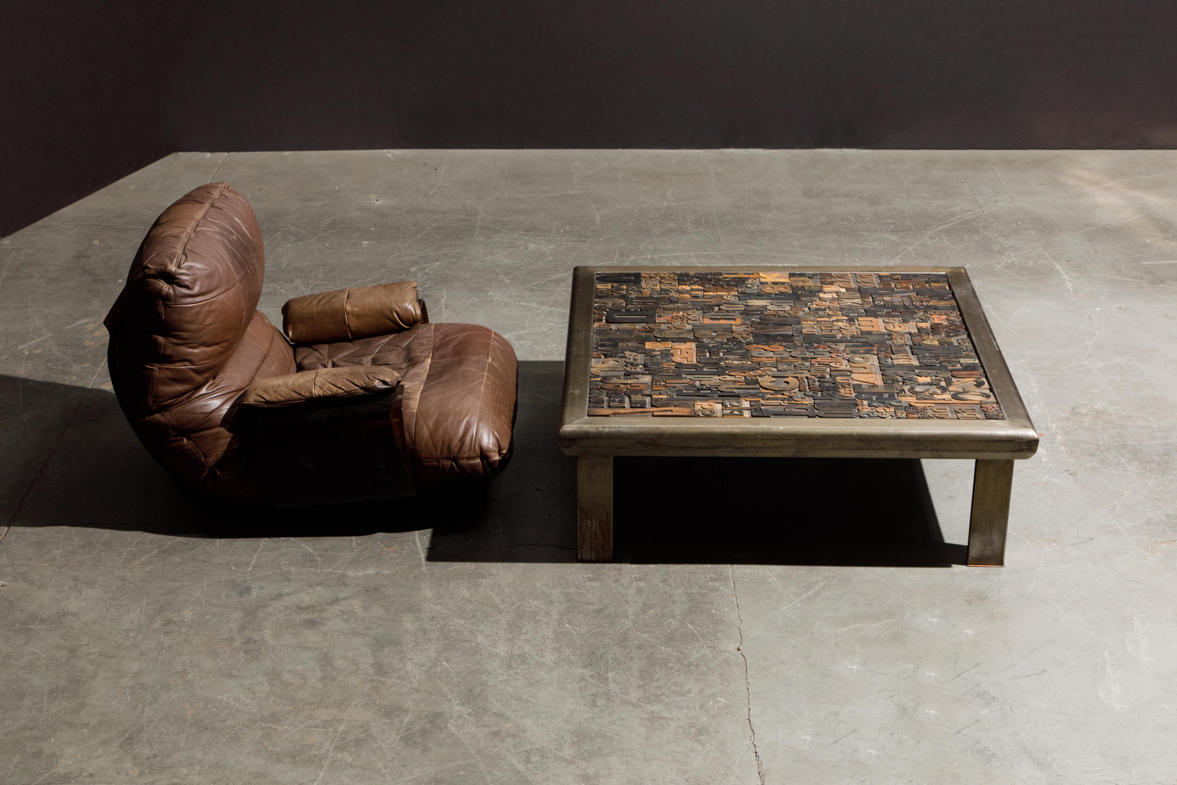 'Les Lettres' Steel and Wood Letterpress Cocktail Table by Raoul W., Signed For Sale 9