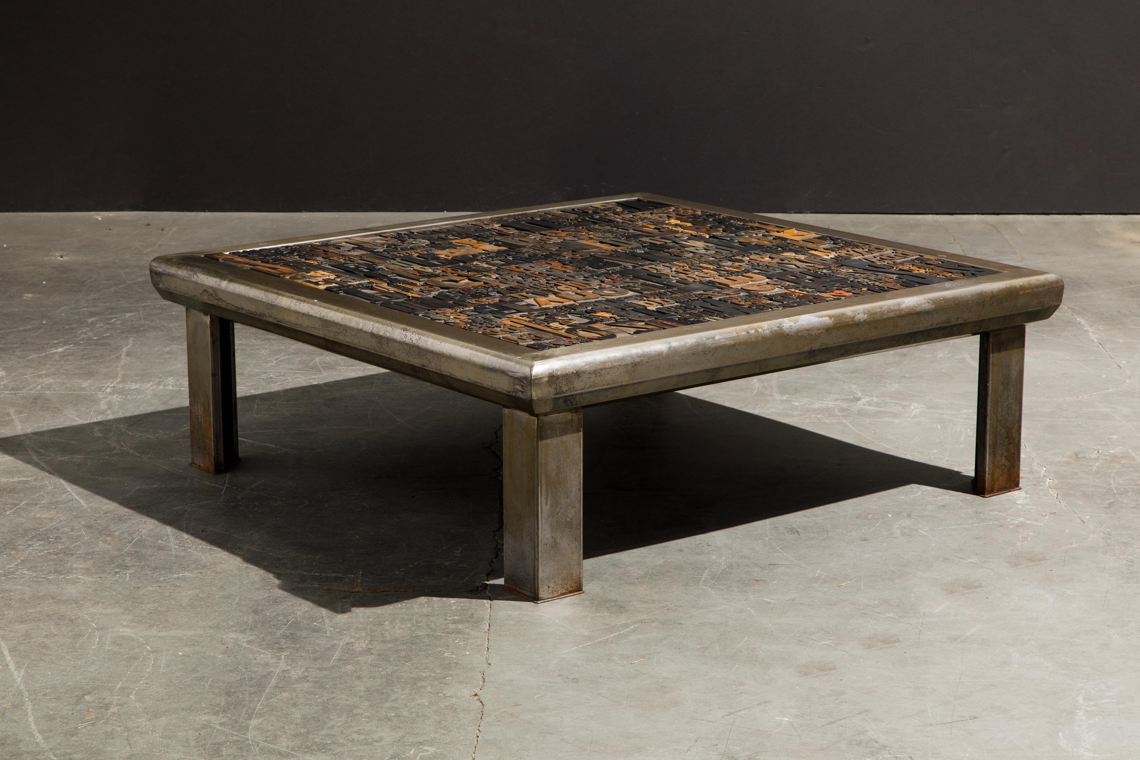 Modern 'Les Lettres' Steel and Wood Letterpress Cocktail Table by Raoul W., Signed  For Sale