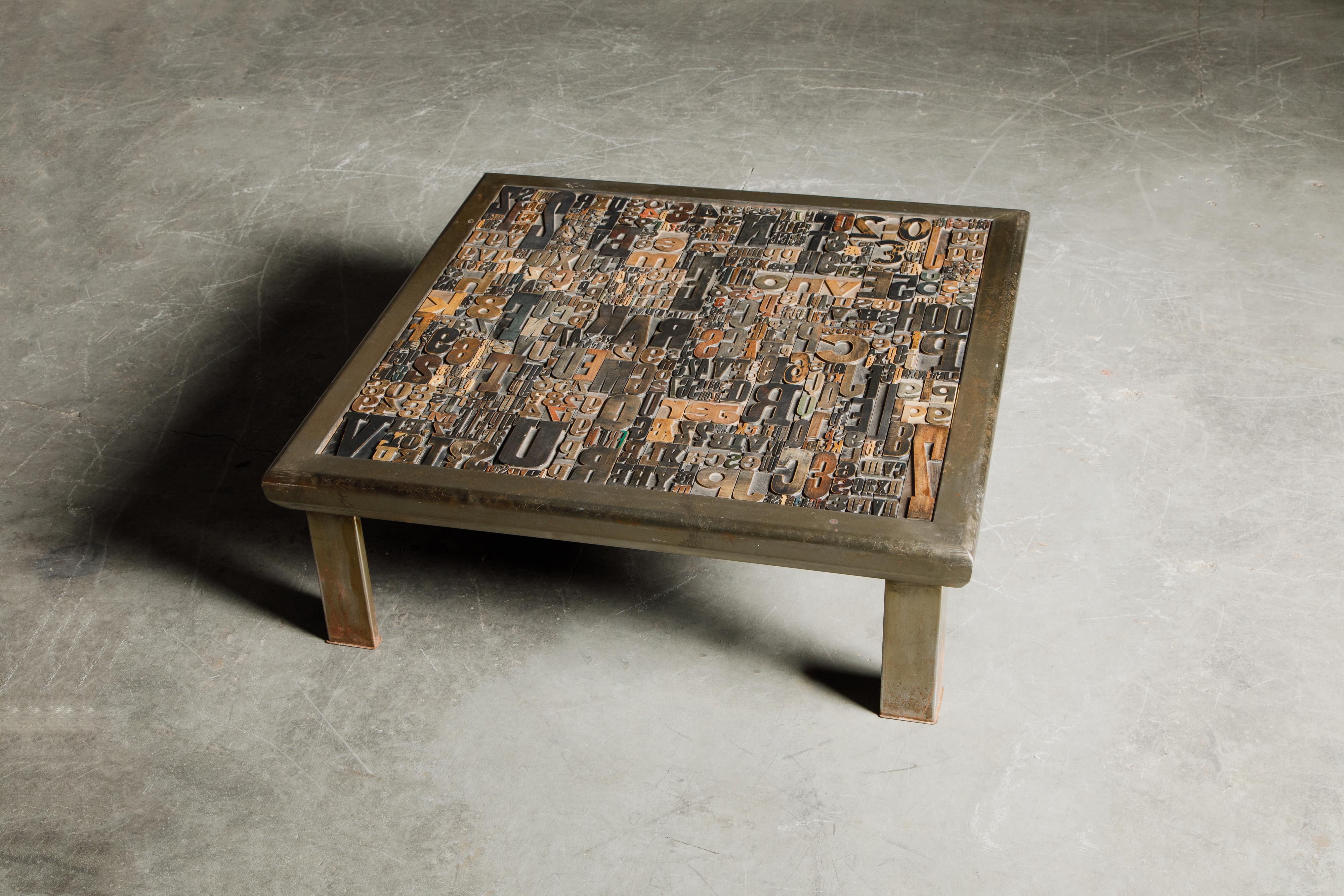 Contemporary 'Les Lettres' Steel and Wood Letterpress Cocktail Table by Raoul W., Signed  For Sale