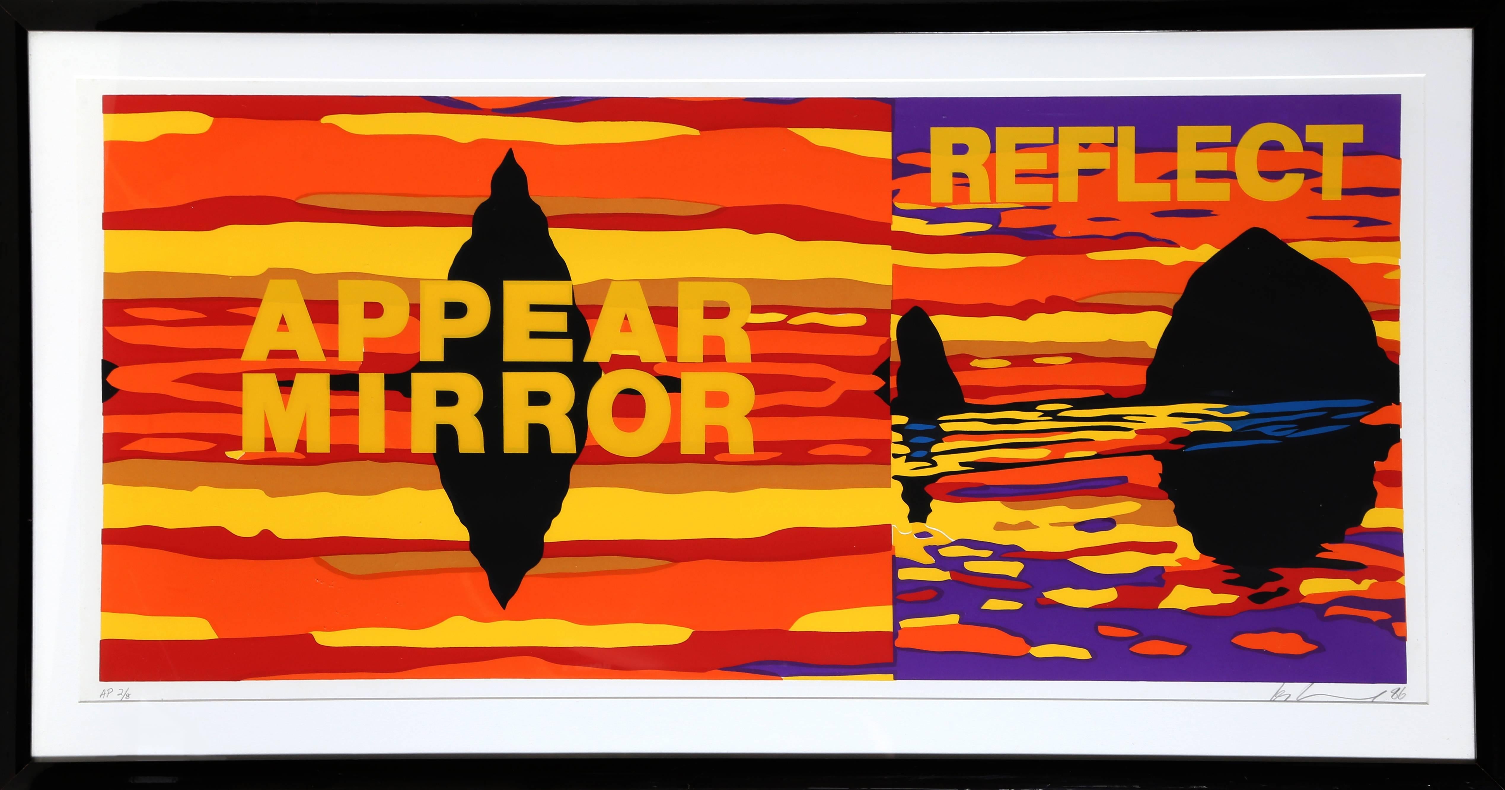 Artist: Les Levine, Canadian (1935 - )
Title: Appear Mirror Reflect
Year: 1986
Medium: Silkscreen, signed and numbered in pencil
Edition: AP 2/8
Size: 17.5 x 38 in. (44.45 x 96.52 cm)
Frame Size: 24 x 44.5 inches