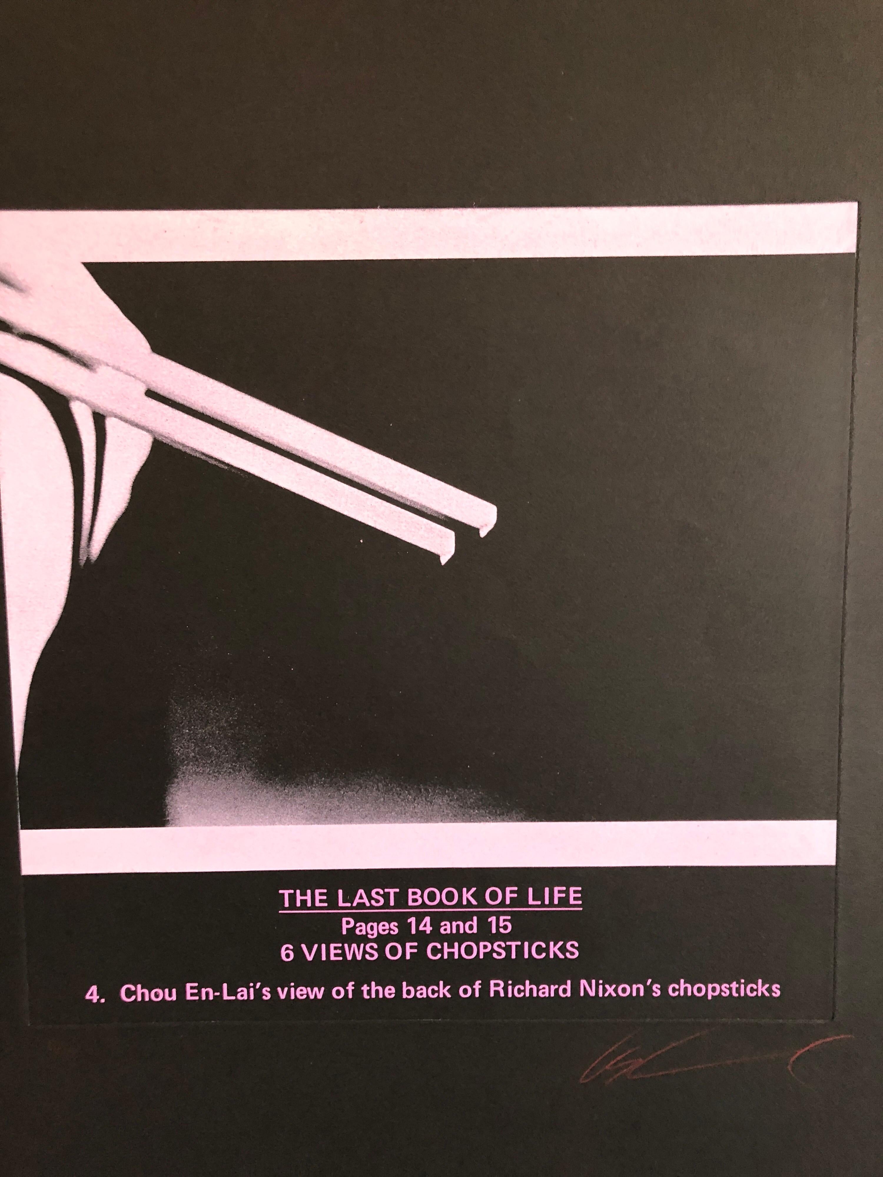 Last Book of Life. (Photos from a dinner of Richard Nixon’s with Chou En Lai’s various views of Chinese chopsticks)  
Photograph etchings
Printed on Stonehedge black paper
Hand signed, and numbered, by Levine in red pencil along the lower margin. 
A