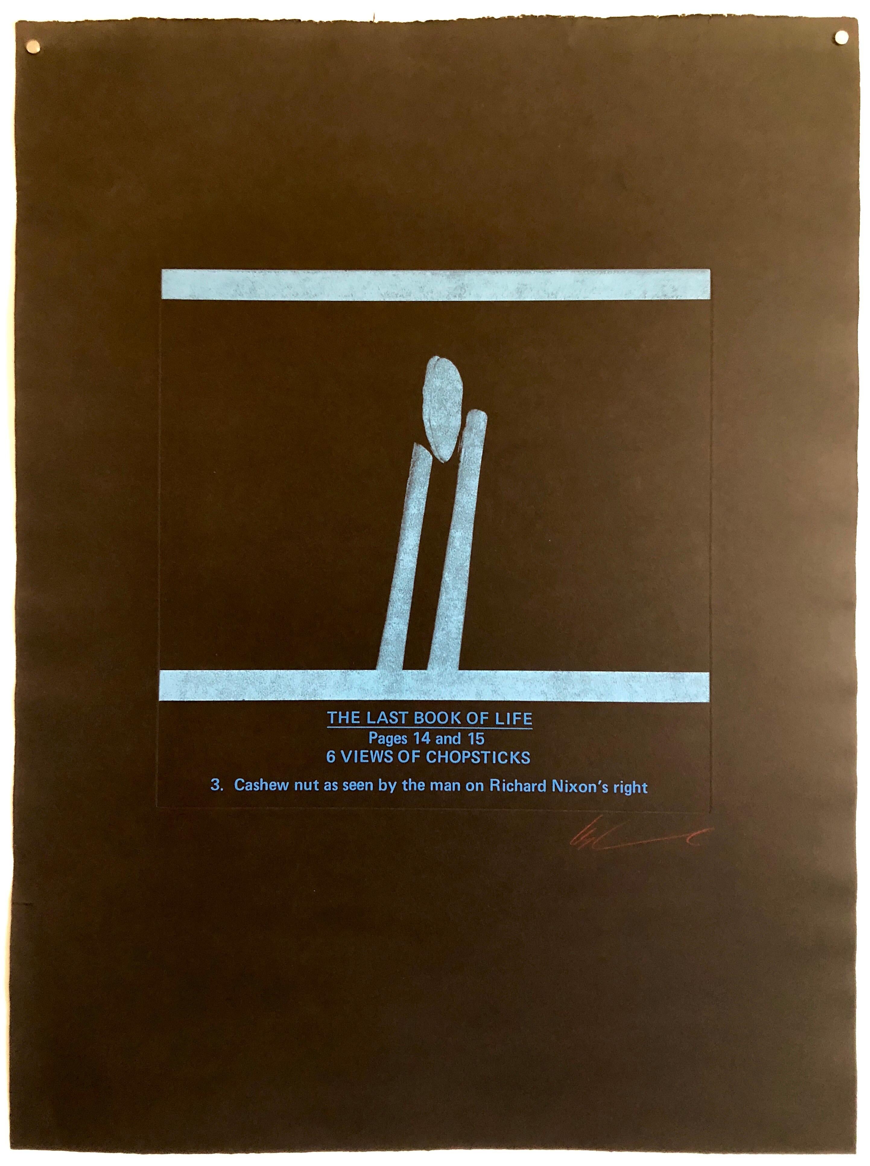 Last Book of Life. Richard Nixon’s view of Chou En Lai’s chopsticks  
Photograph etchings
Printed on Stonehedge black paper
Hand signed, and numbered, by Levine in red pencil along the lower margin. 
A fine impression and in good condition