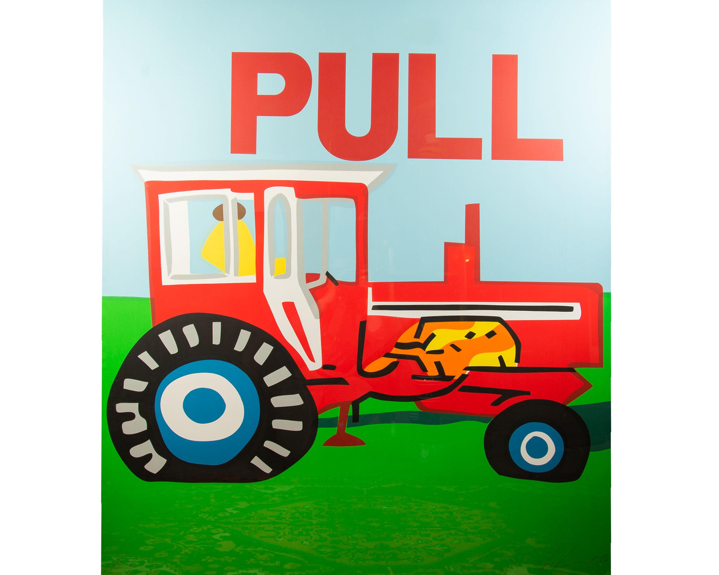 A 1984 Pop Art serigraph print titled, Pull, signed by conceptual Irish-American artist Les Levine (born 1935). The serigraph depicts an occupied red tracker parked upon green grass with a light blue sky above. 