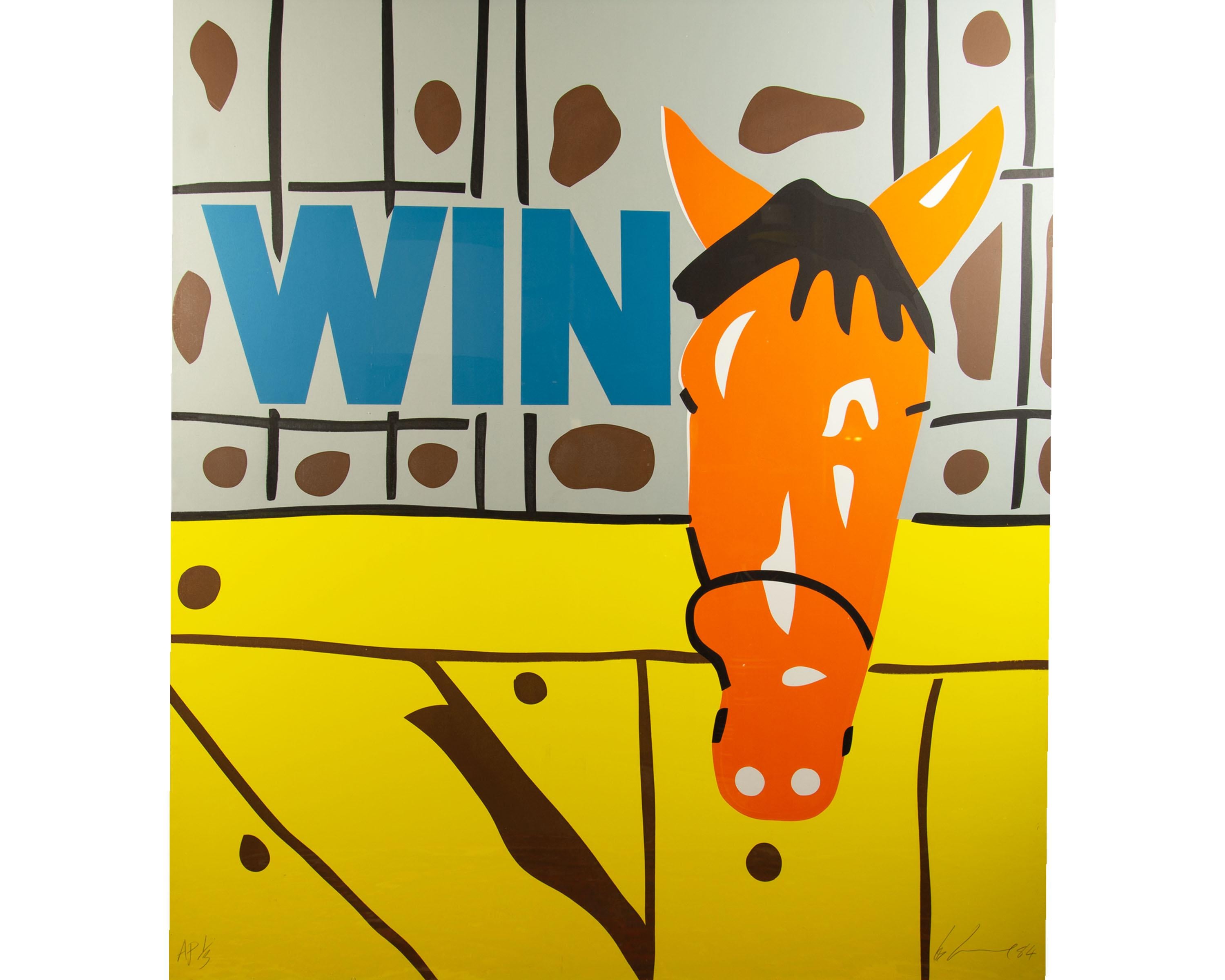 A 1984 serigraph print titled, Win, by conceptual Irish-American artist Les Levine (born 1935). The serigraph depicts a Pop Art orange horse head with black hair resting within a yellow stall. Abstract brown spheres and black lines populate the gray
