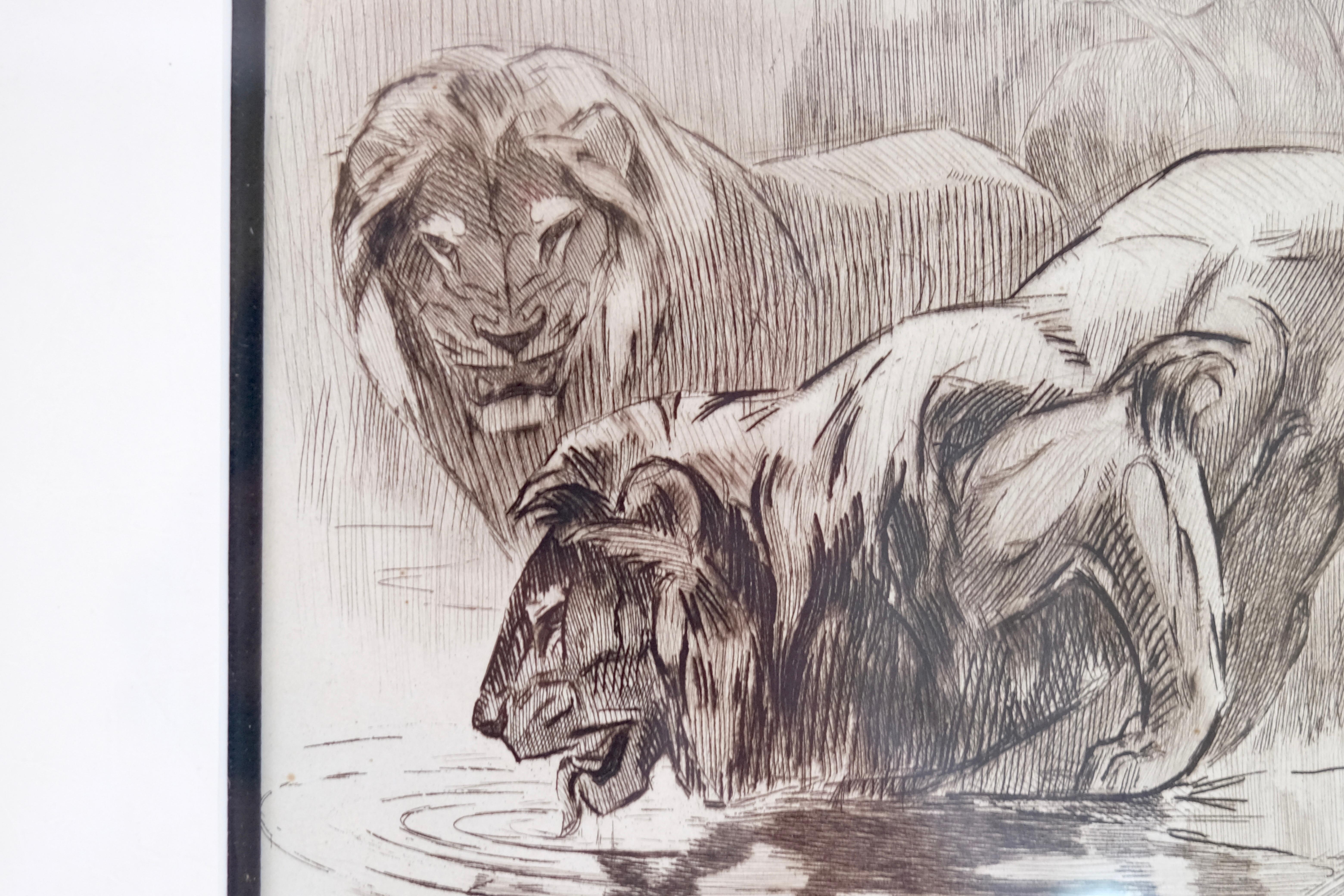 French Les lions et lionnes à la rivière, Etching and Drypoint by Odette Denis For Sale