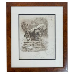 Les lions et lionnes à la rivière, gravure et pointe sèche d'Odette Denis