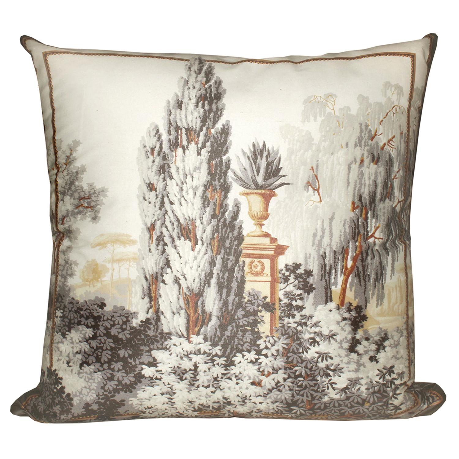Les Lointains Silk Throw Pillow in Gray by Zuber For Sale