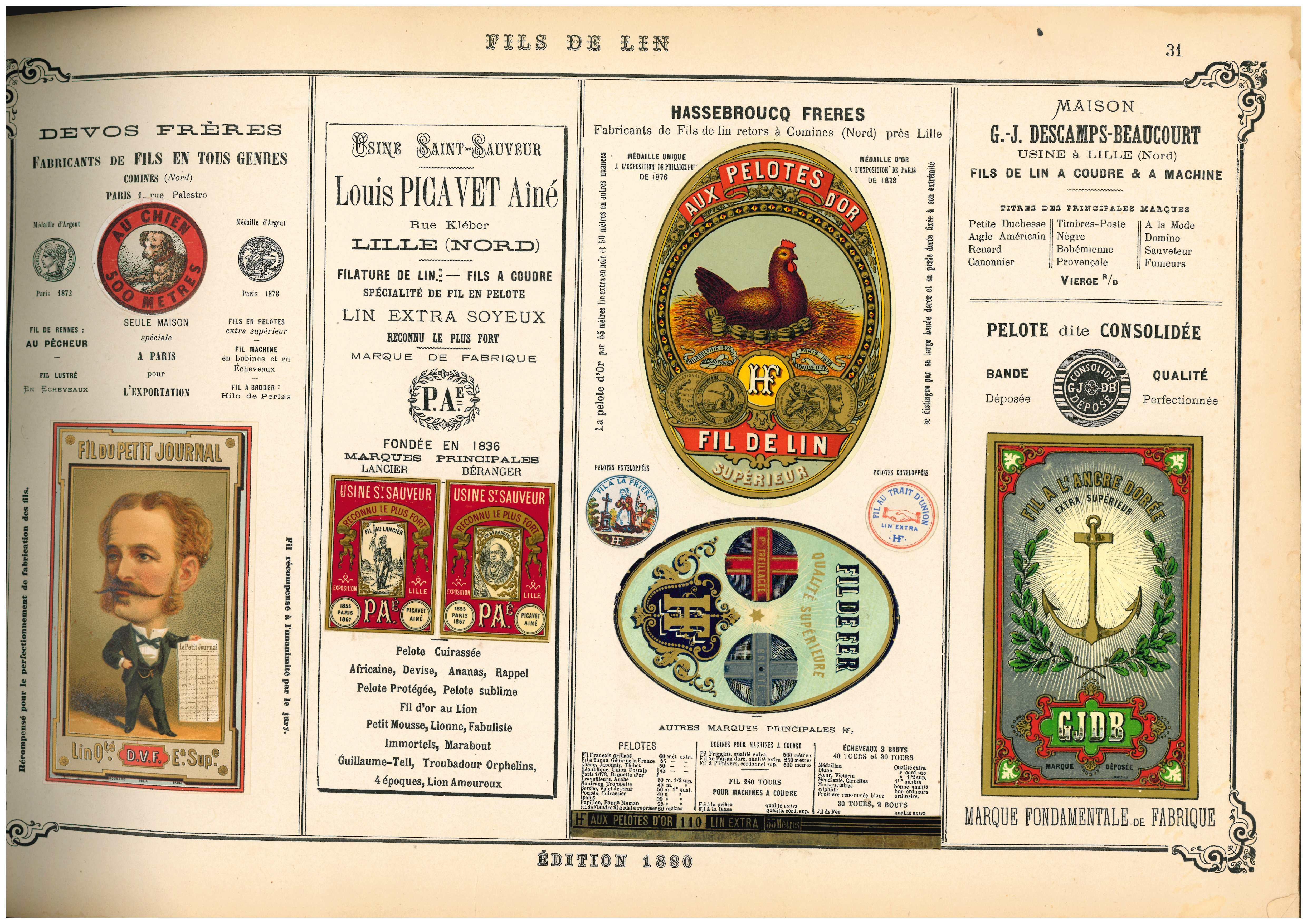 A beautiful book from 1880 with 183 pages to show varying French product labels. It is divided into five sections - the first four are the vast majority of the book and consist of household items and products: Fabrics, Products for the house, food