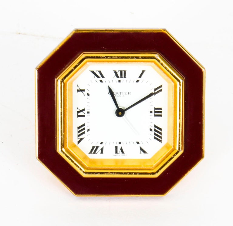 Les Must de Cartier Paris Cased Maroon and Gilt Desk Alarm Clock Late