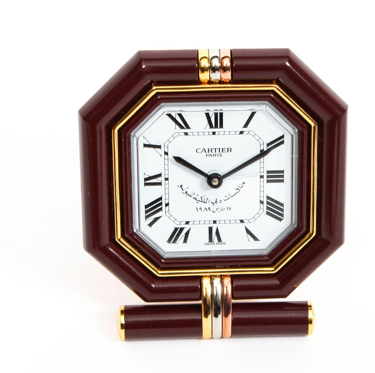 Satin Les Must de Cartier Paris Cased Maroon and Gilt Desk Clock and Photo Frame