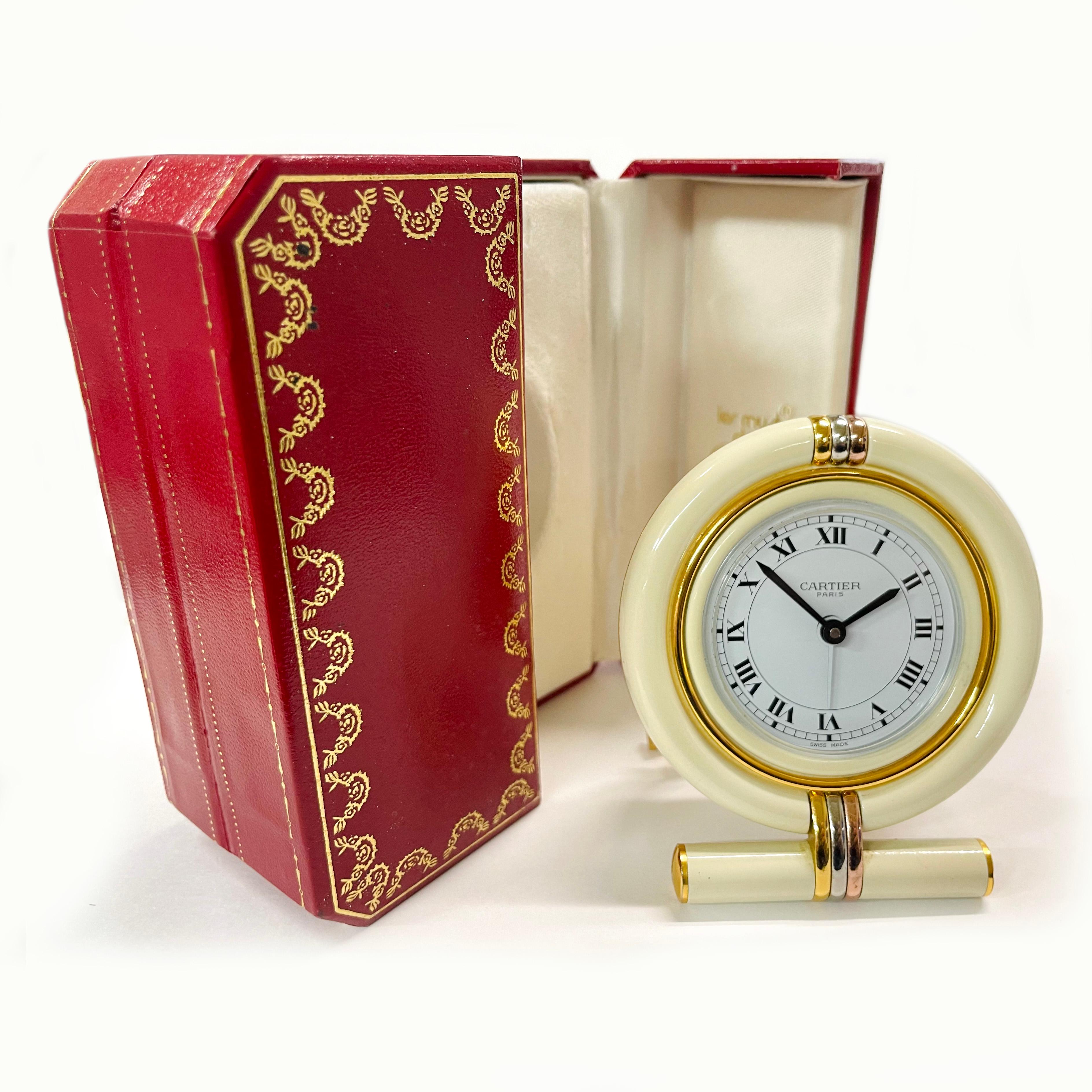 Les Must de Cartier Paris Enamel Gold Plated Travel Clock  In Good Condition In Palm Desert, CA