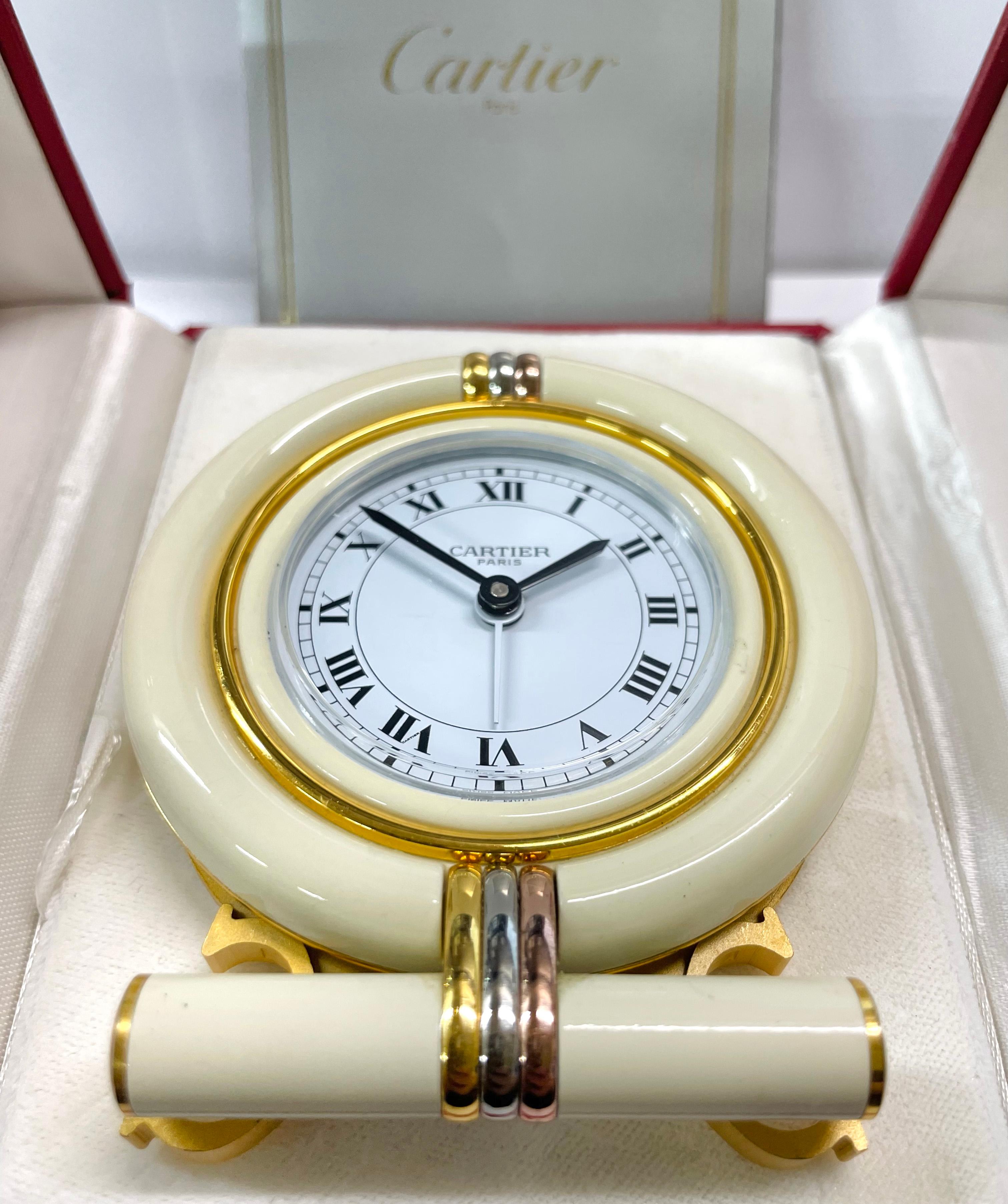 Women's or Men's Les Must de Cartier Paris Enamel Gold Plated Travel Clock 