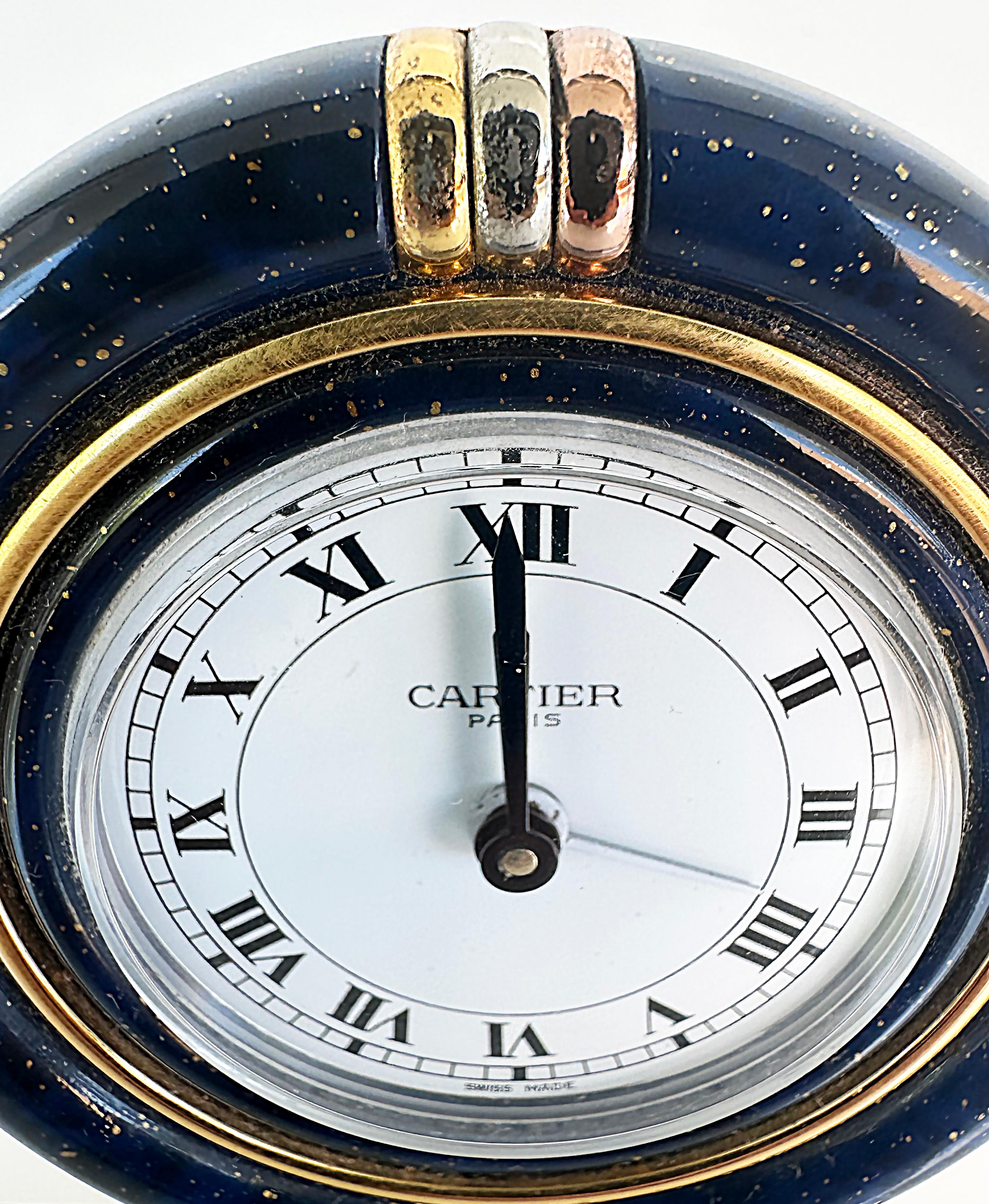 Les Must de Cartier Paris Enamel Gold Plated Travel Clock with Original Case In Good Condition In Miami, FL