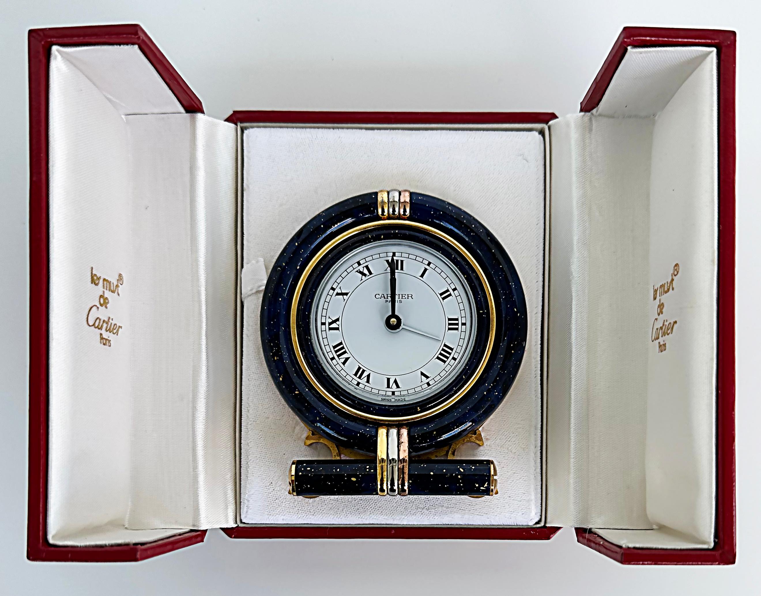 Metal Les Must de Cartier Paris Enamel Gold Plated Travel Clock with Original Case