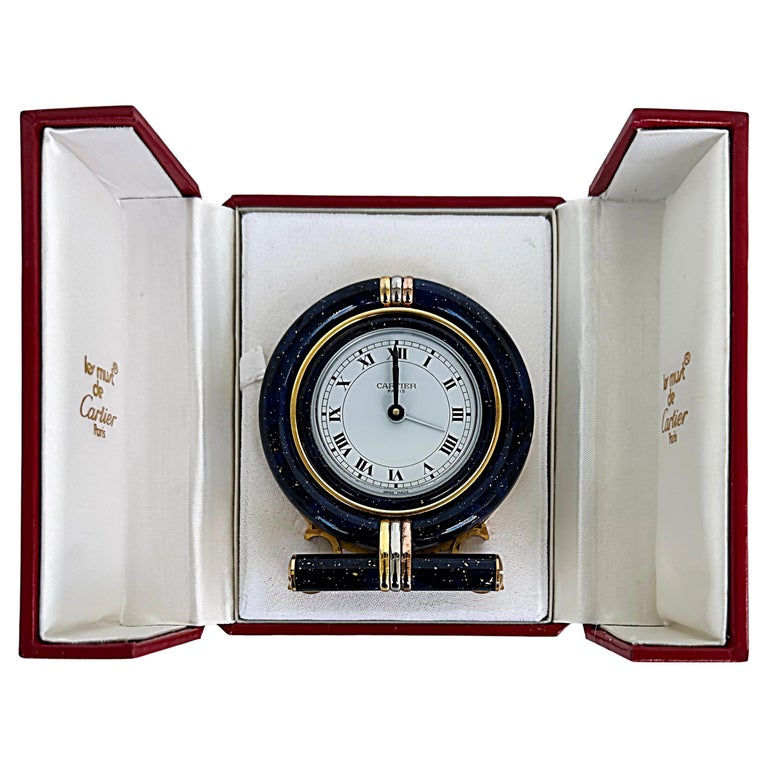 Les Must de Cartier Paris Enamel Gold Plated Travel Clock with Original
