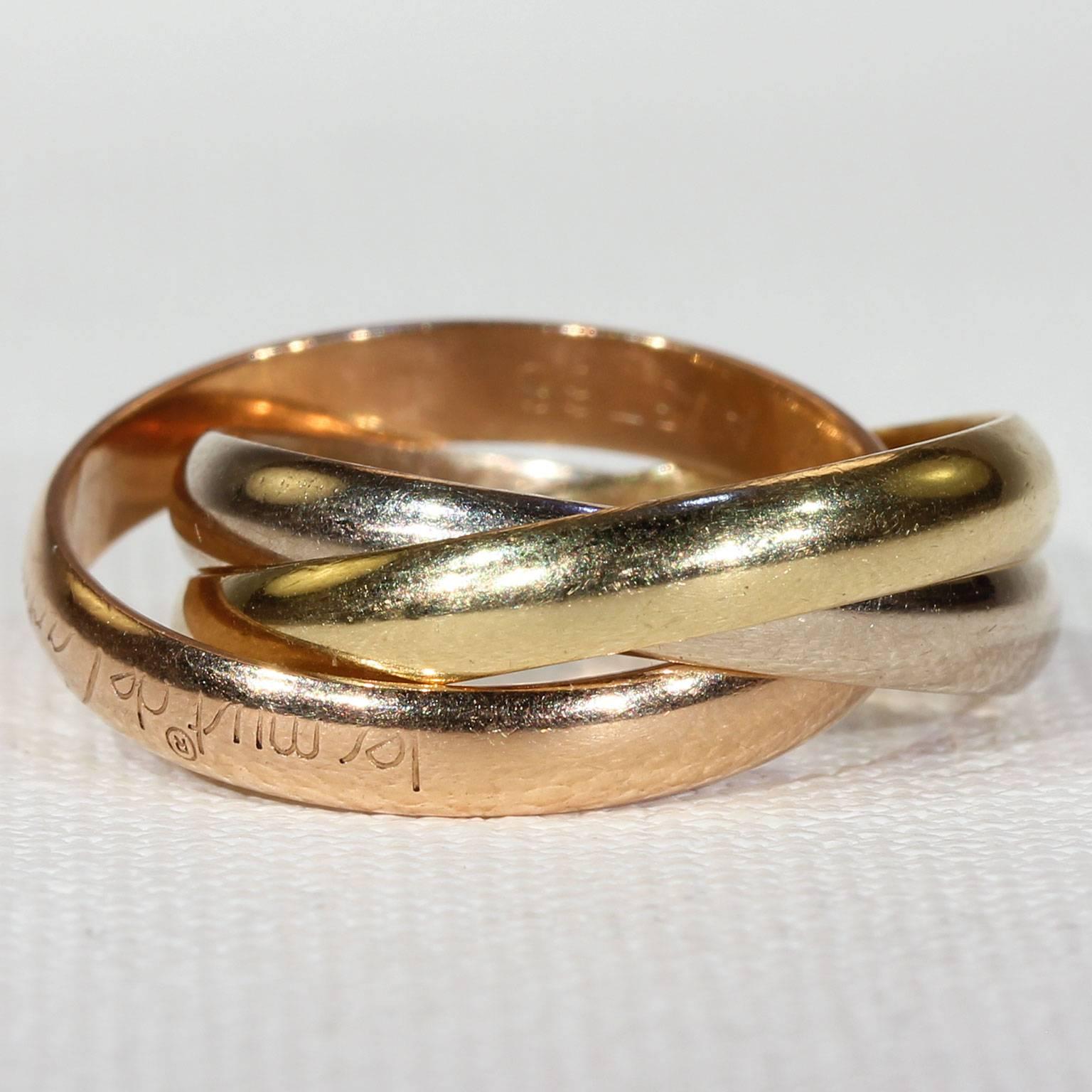 The Trinity Ring was designed by Louis Cartier, the grandson of Cartier’s founder, in 1924, with the help of his dear friend and famous French poet, Jean Cocteau. The ring features three interlaced gold bands in pink, yellow, and white, representing