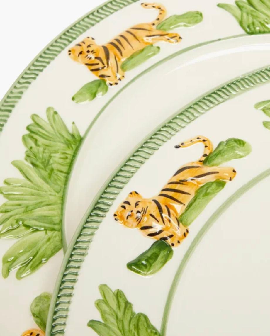 Contemporary Les Ottomans Le Tigres White Ceramic Plates, Pair, Hand-Painted, Tigers, Italy