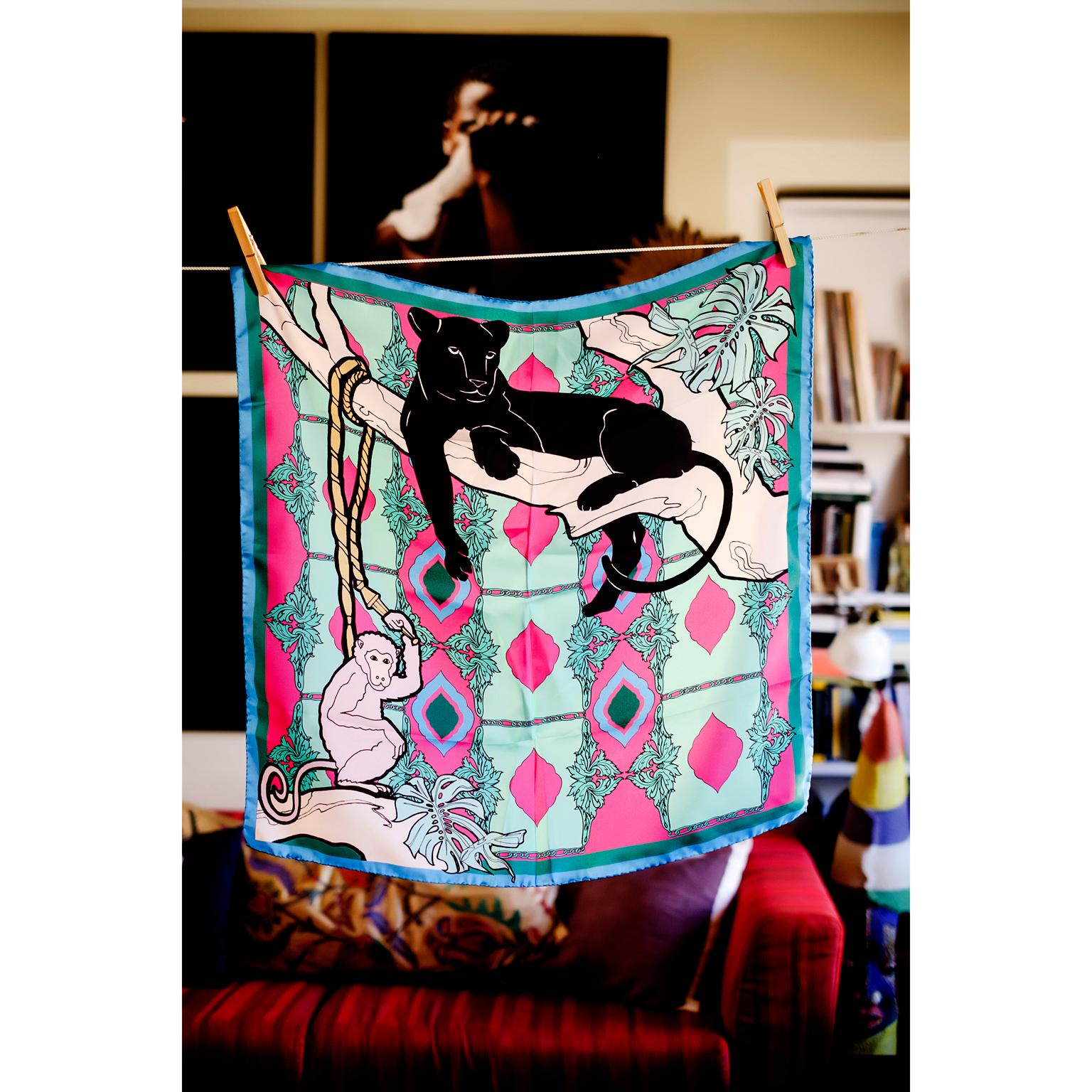 A tropical mood with an ottoman touch in Alessio Nesi's scarves collection for Les-Ottomans. Made in Italy out of silk these scarves, with a 1940s flavour, are colorful, chic and fashion must have. Here you are seeing the panther and monkey in