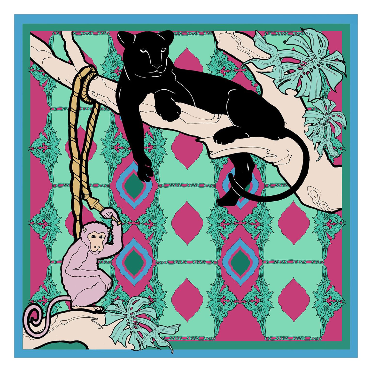 Les Ottomans Panther and Monkey Patterned Silk Turkish Scarves by Alessio Nessi
