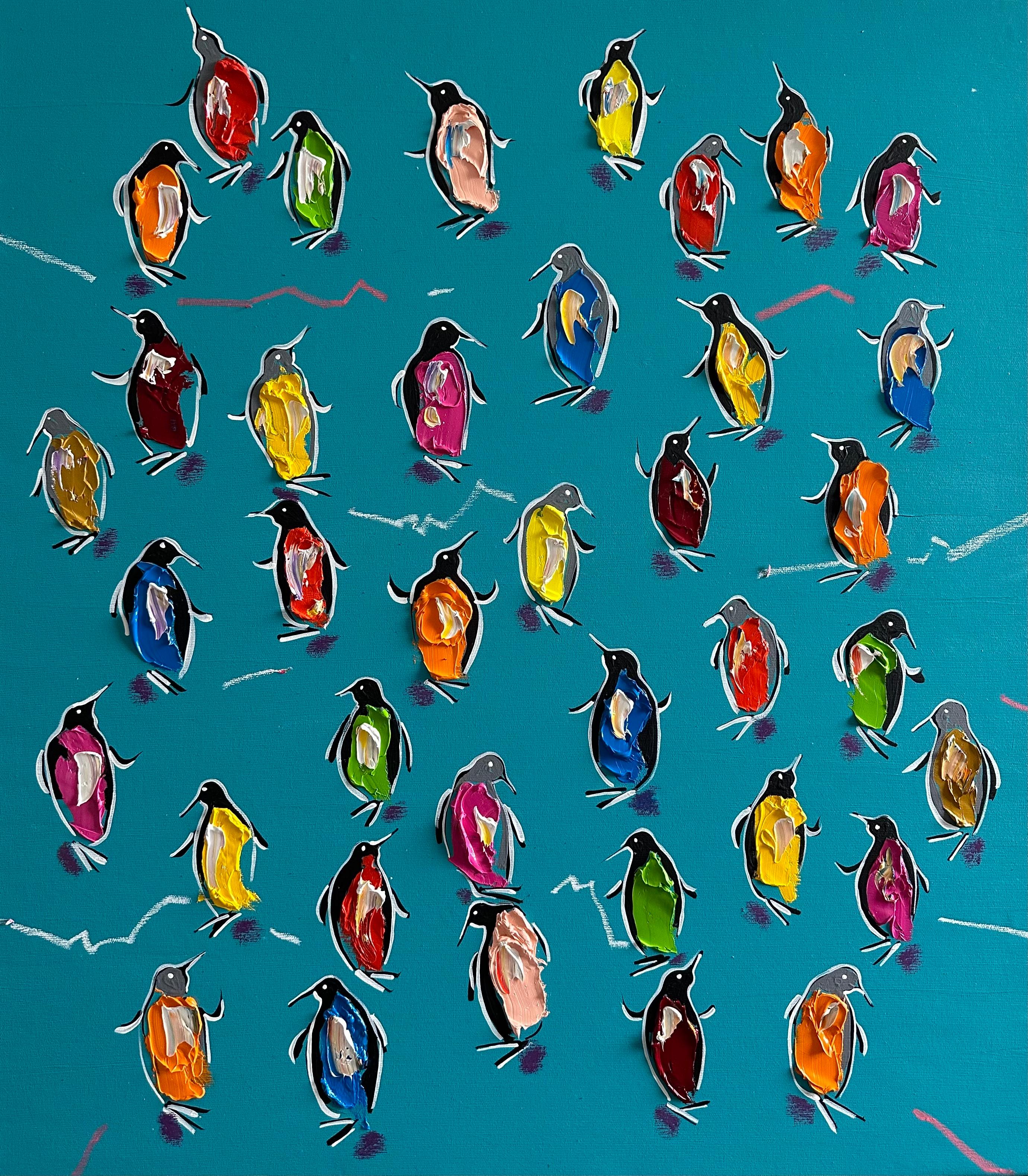 Party - original expressive wildlife oil painting- contemporary impasto artwork