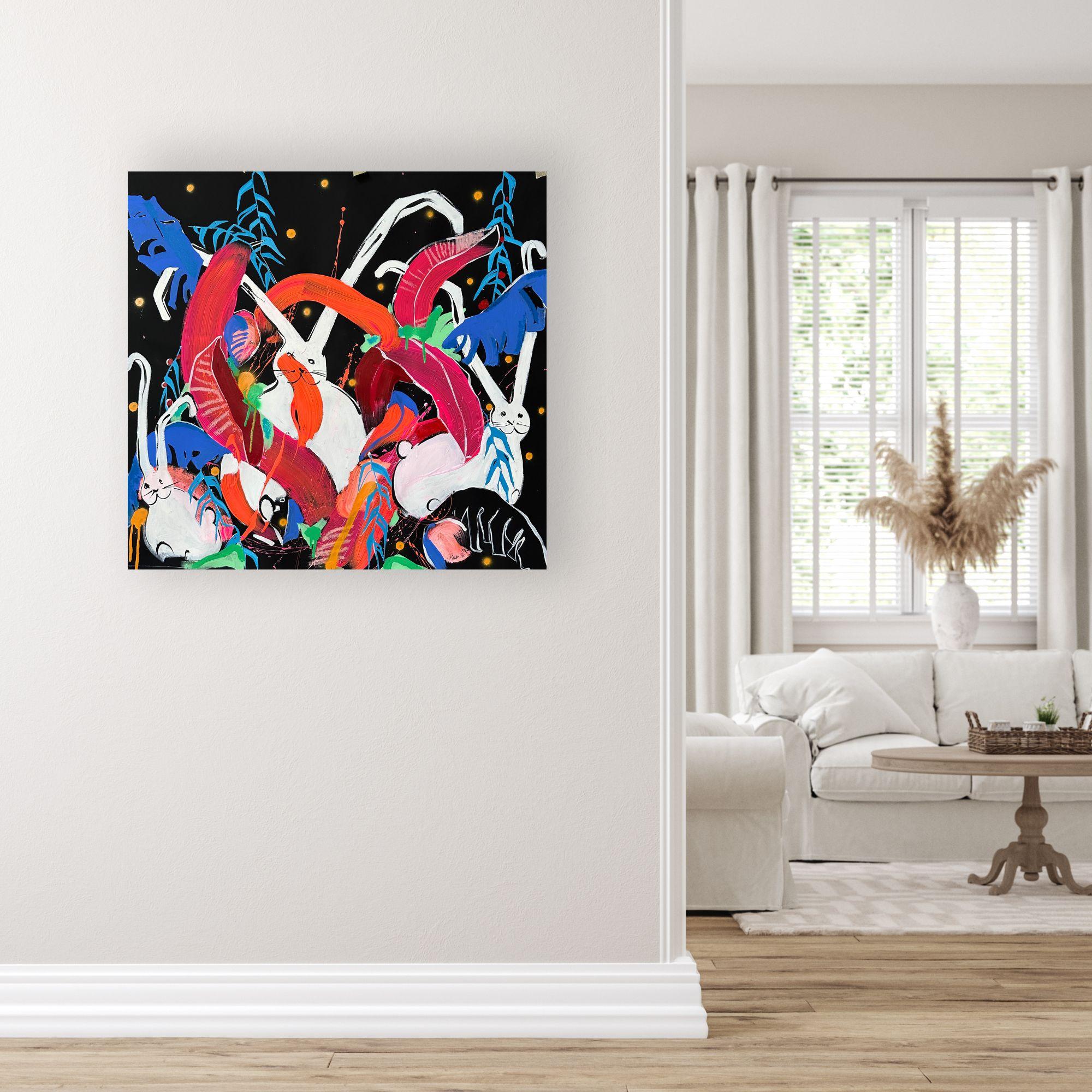 Coniglietti tropicali - pittura originale di fauna selvatica espressiva - opera d'arte contemporanea - Painting di  Les Panchyshyn