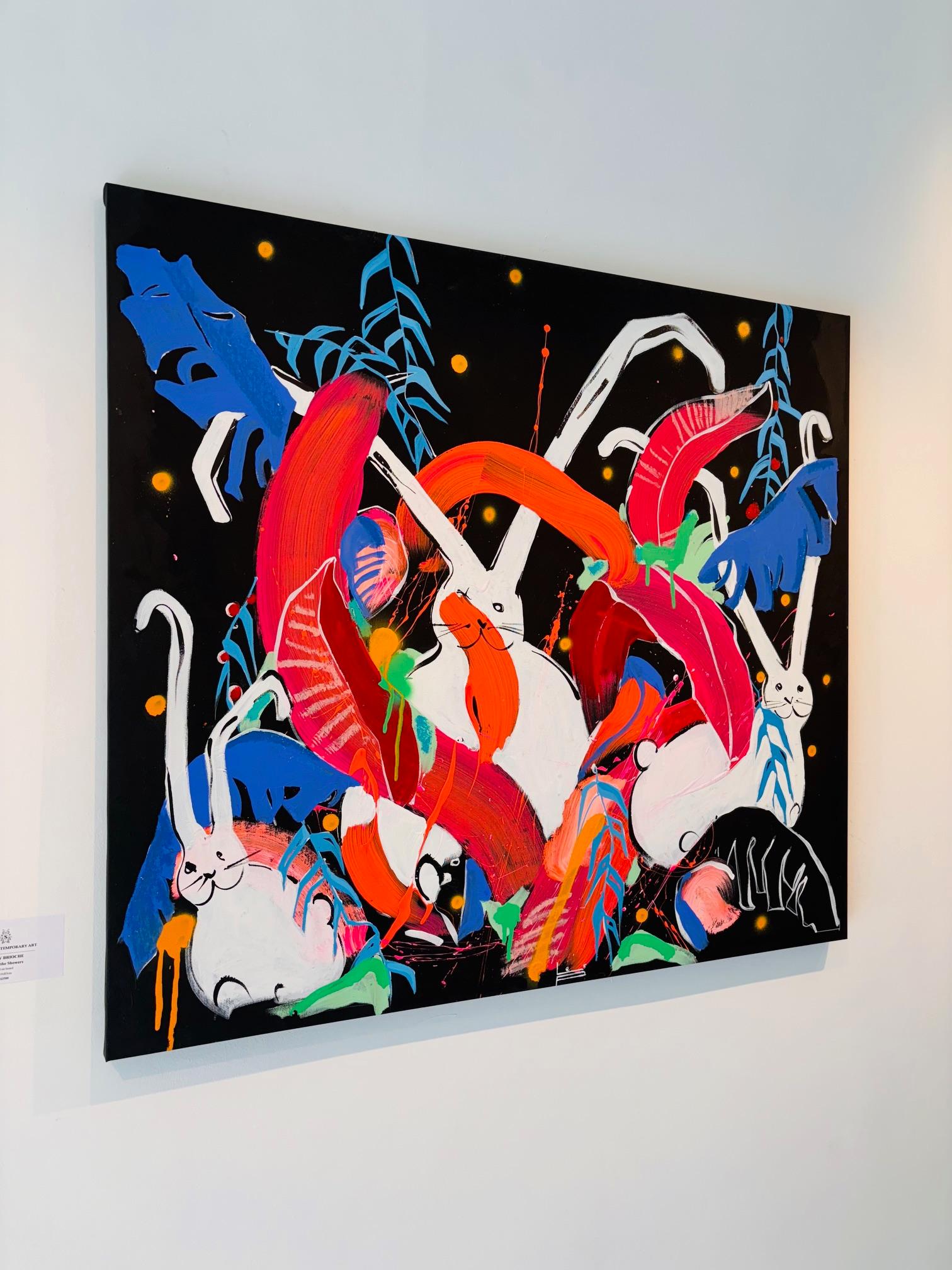 Coniglietti tropicali - pittura originale di fauna selvatica espressiva - opera d'arte contemporanea - Landscape Painting Nero di  Les Panchyshyn