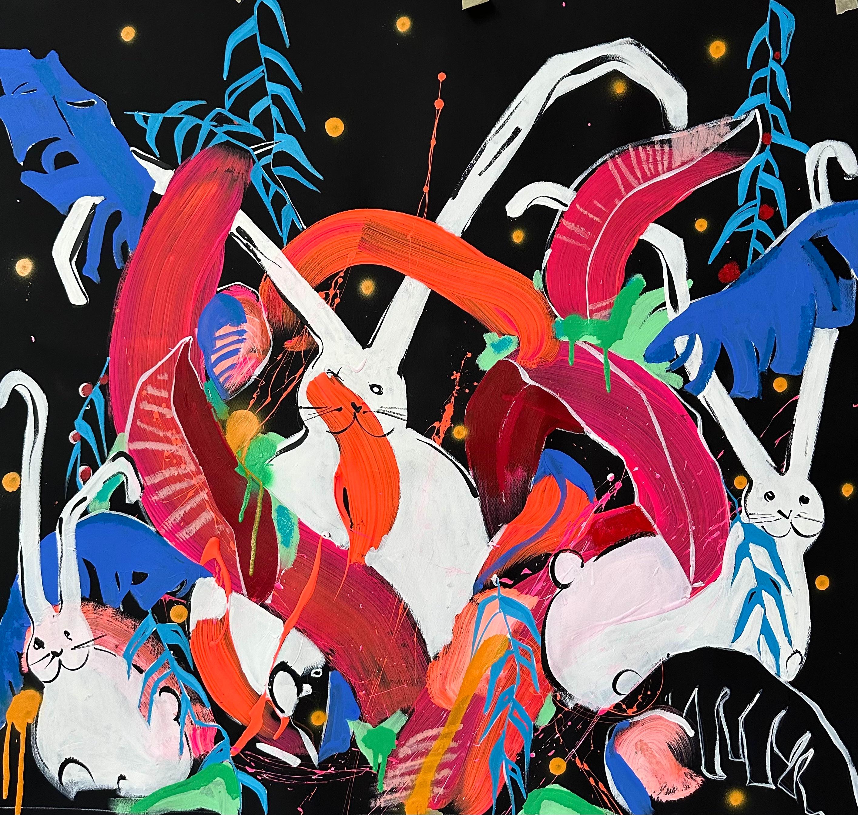 Conejitos tropicales- pintura expresiva original de fauna salvaje-obra de arte contemporánea