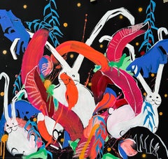 Conejitos tropicales- pintura expresiva original de fauna salvaje-obra de arte contemporánea