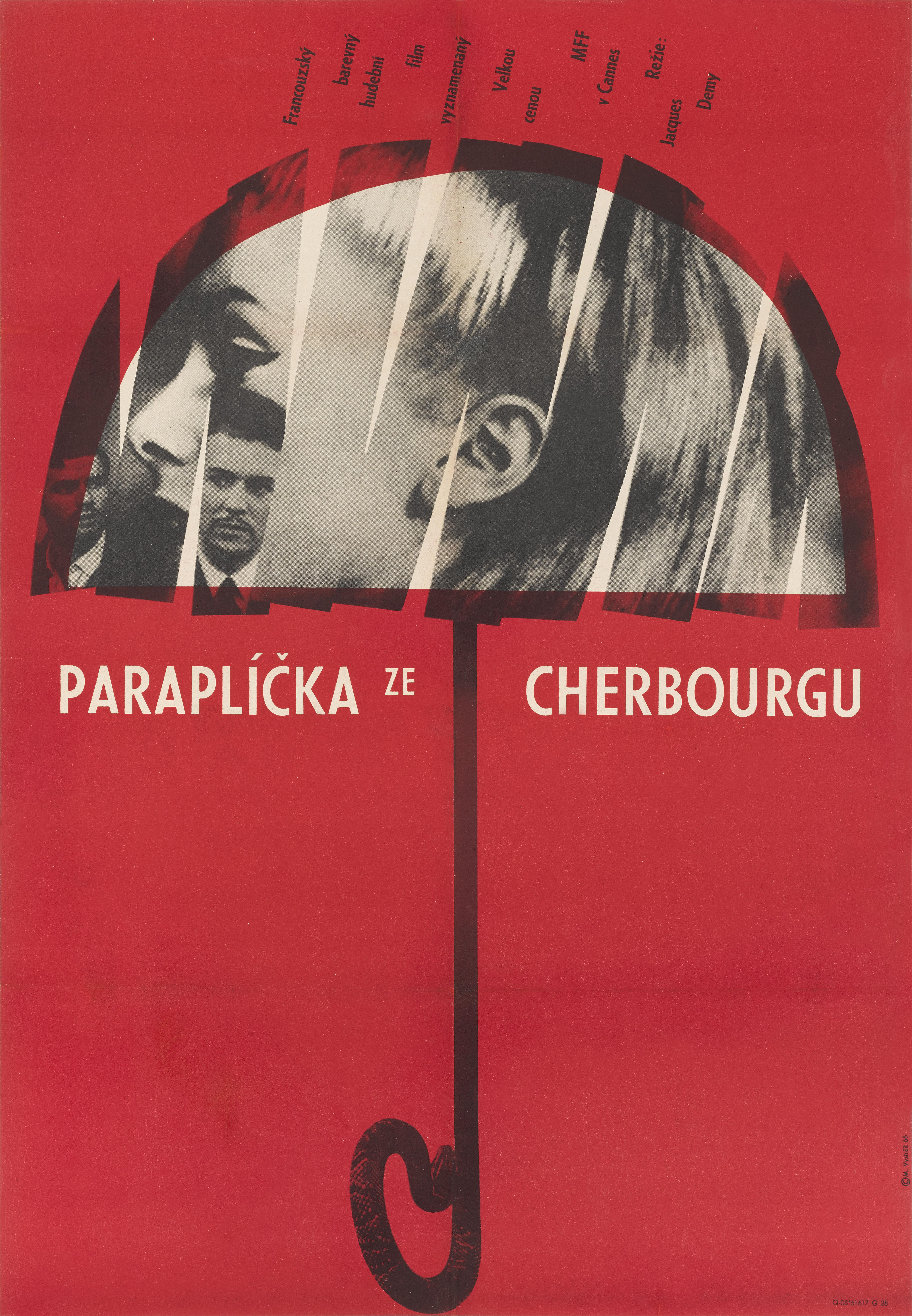 Original Czechoslovakian film poster from the classic French New Wave film  Les Parapluies de Cherbourg / Umbrellas of Cherbourg 1964 starring Catherine Deneuve and Nino Castelnuovo.
This film was directed by Jacques Demy.
The wonderful artwork on