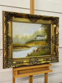 Children Fishing by a River with Wild Flowers & Farmhouse in English Countryside