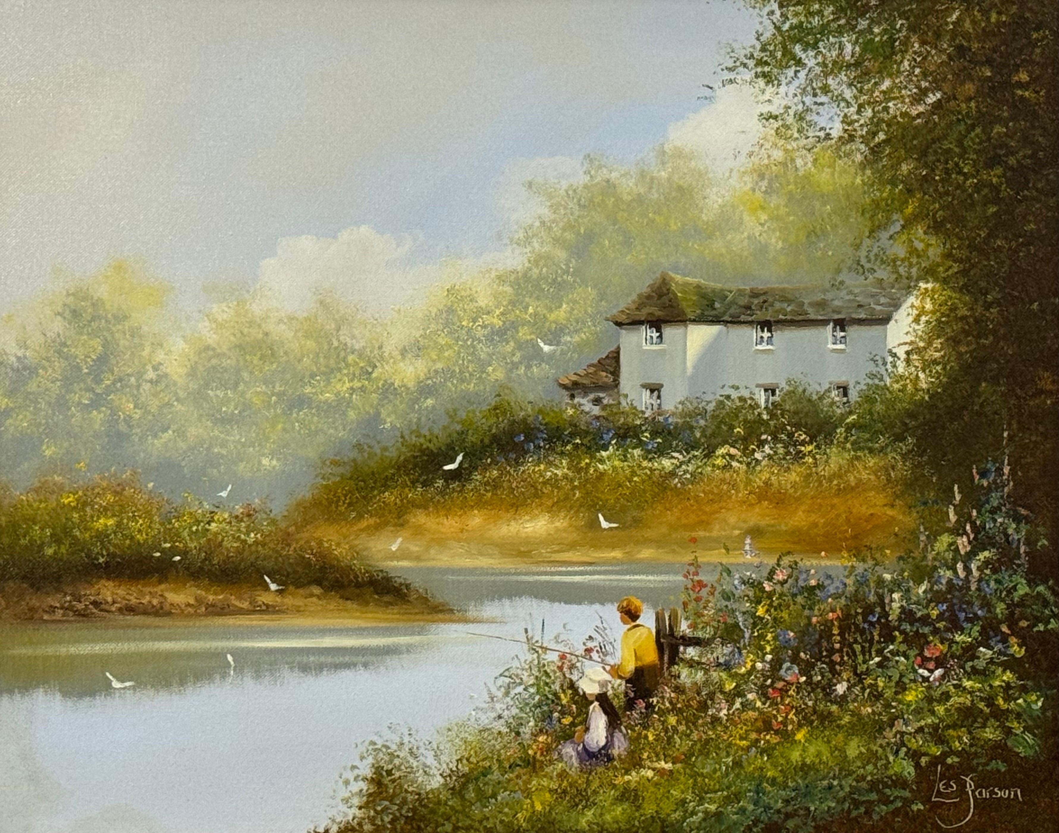 Bambini che pescano lungo un fiume con fiori selvatici e fattoria nella campagna inglese dell'artista britannico Les Parsons

L'arte misura 20 x 16 pollici
La cornice misura 28 x 24 pollici

Questo incantevole quadro cattura un'idilliaca scena