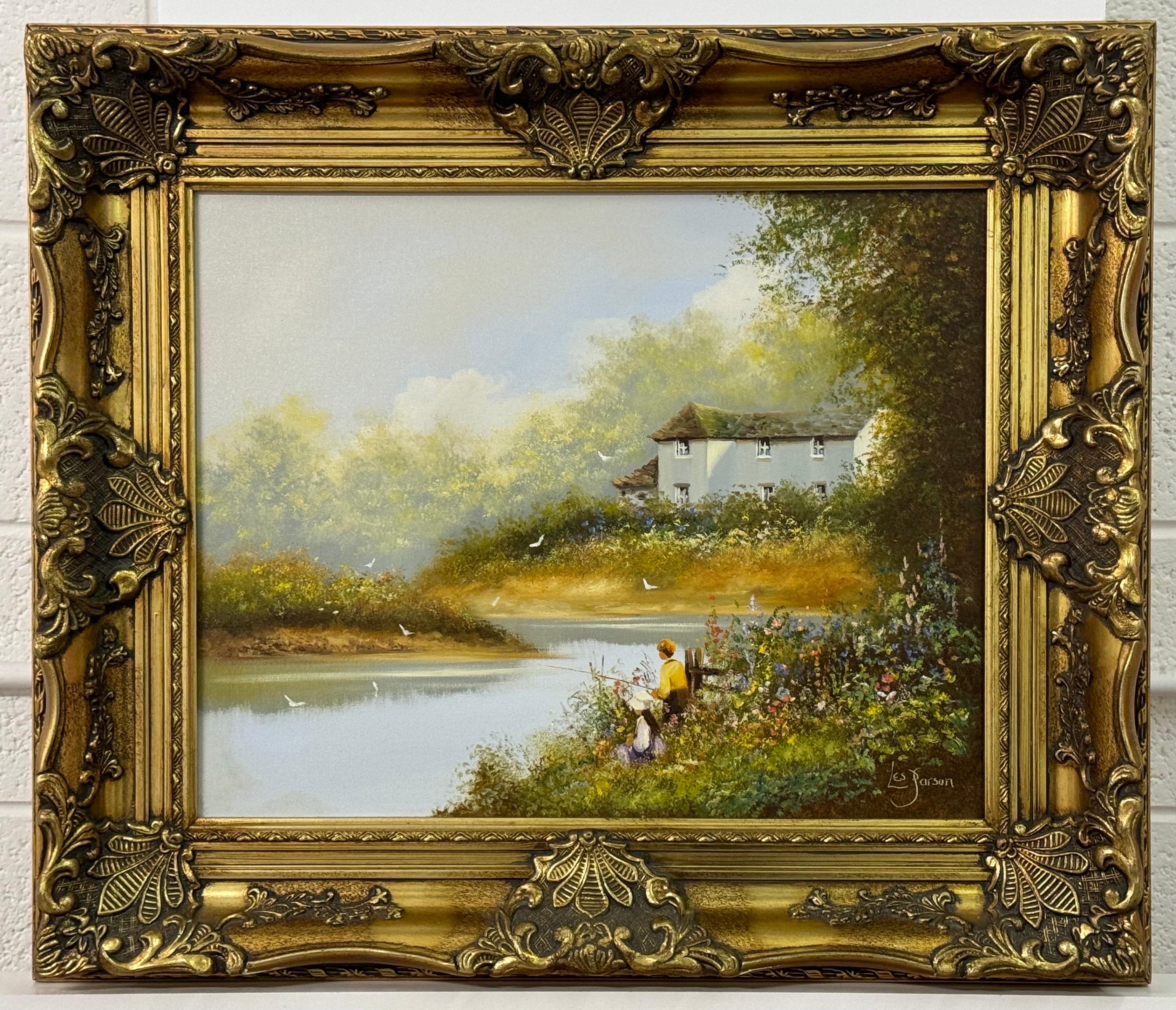 Bambini che pescano vicino a un fiume con fiori selvatici e fattoria nella campagna inglese in vendita 1