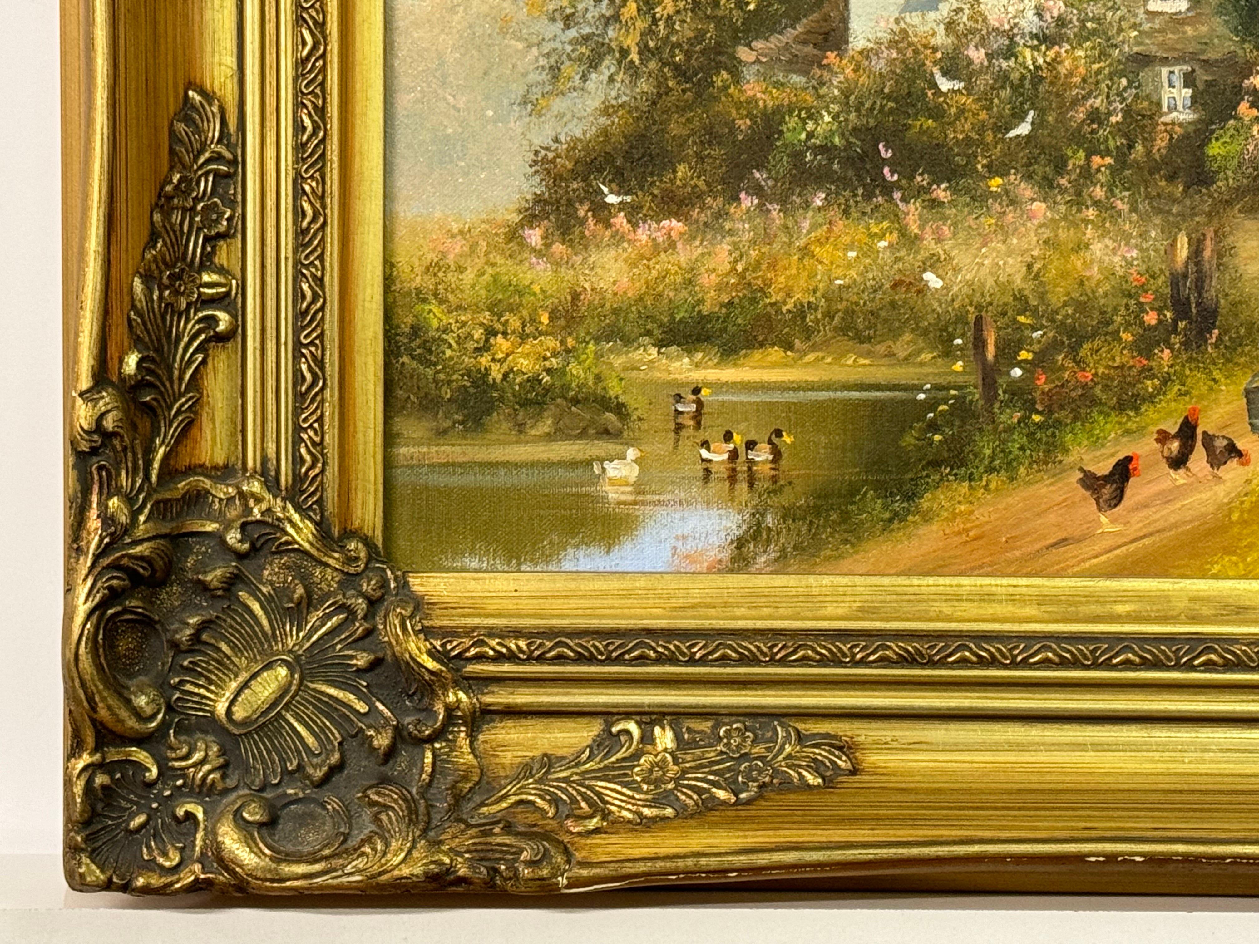 Children holding pails with chickens by a duck pond & cottage in Rural England For Sale 5