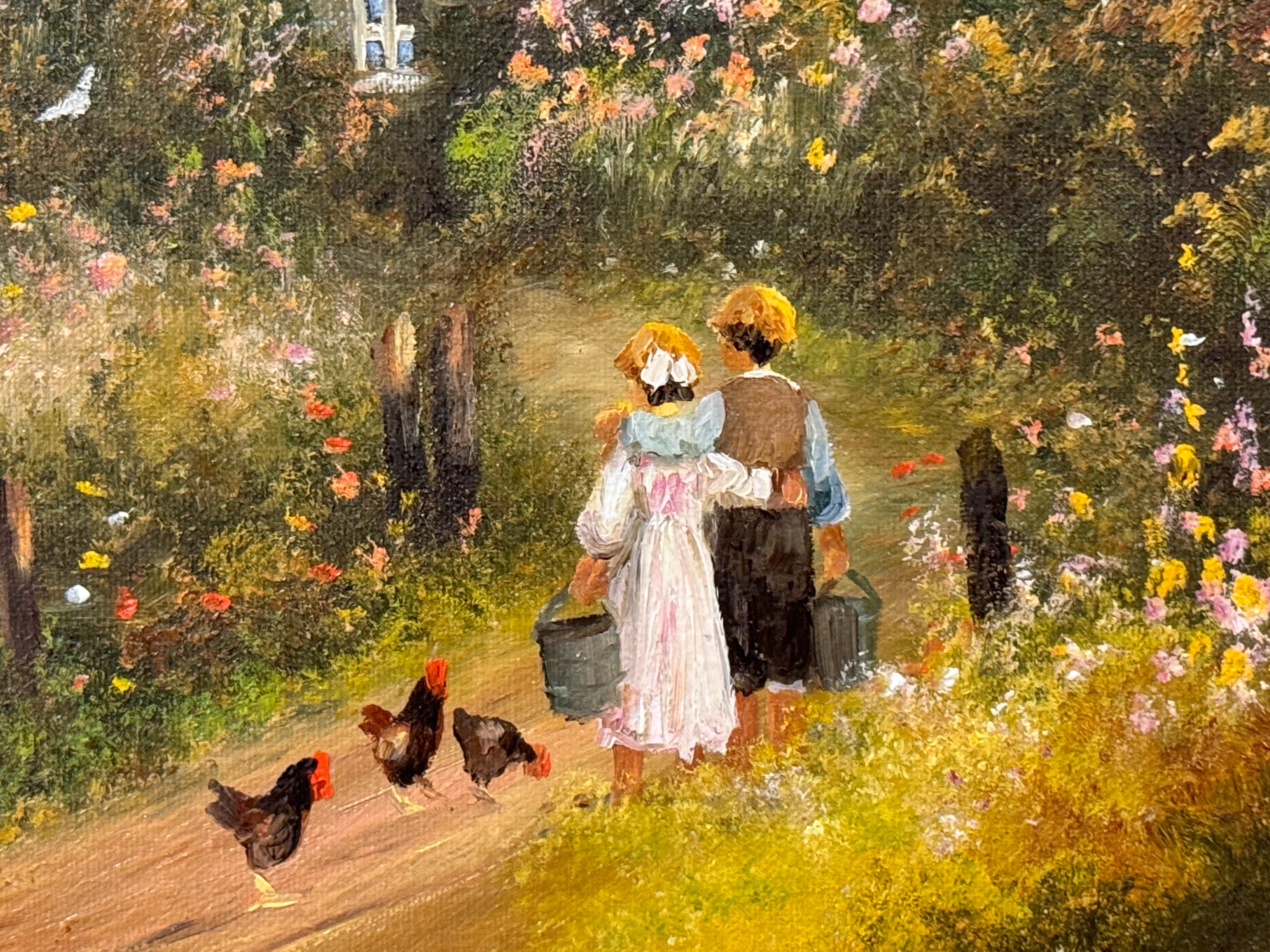 Children holding pails with chickens by a duck pond & cottage in Rural England For Sale 10