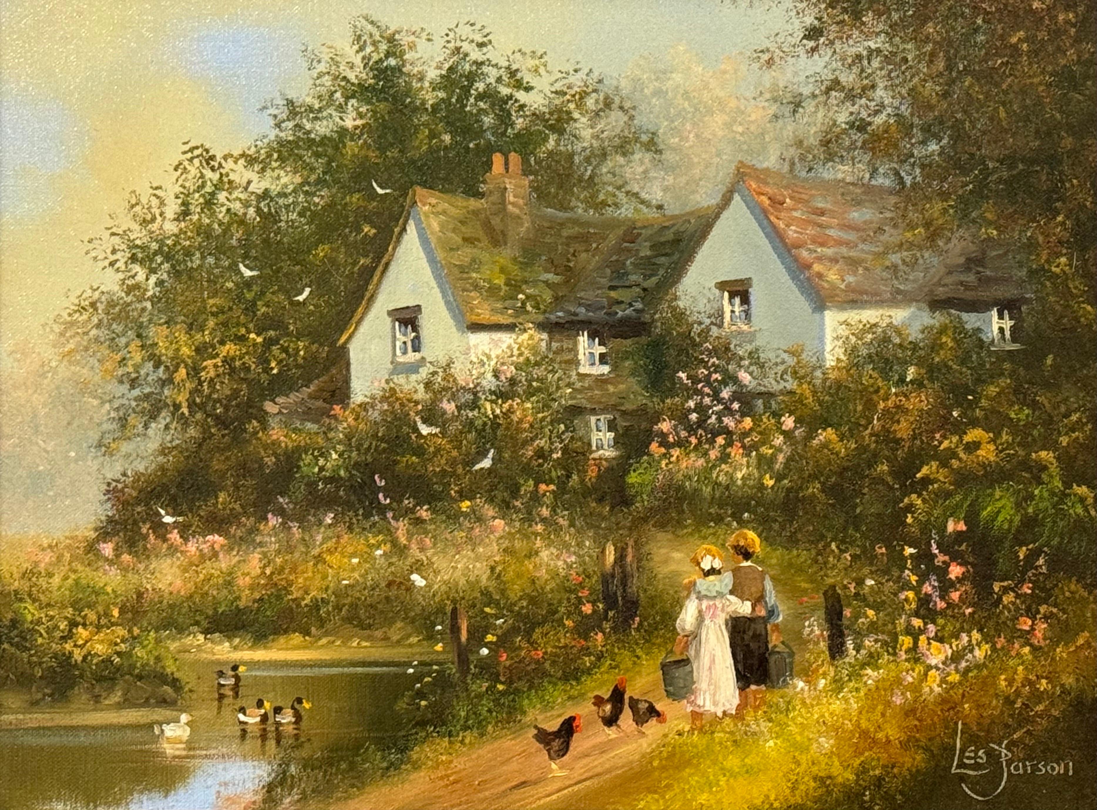 Children holding pails with chickens by a duck pond & cottage in Rural England For Sale 11