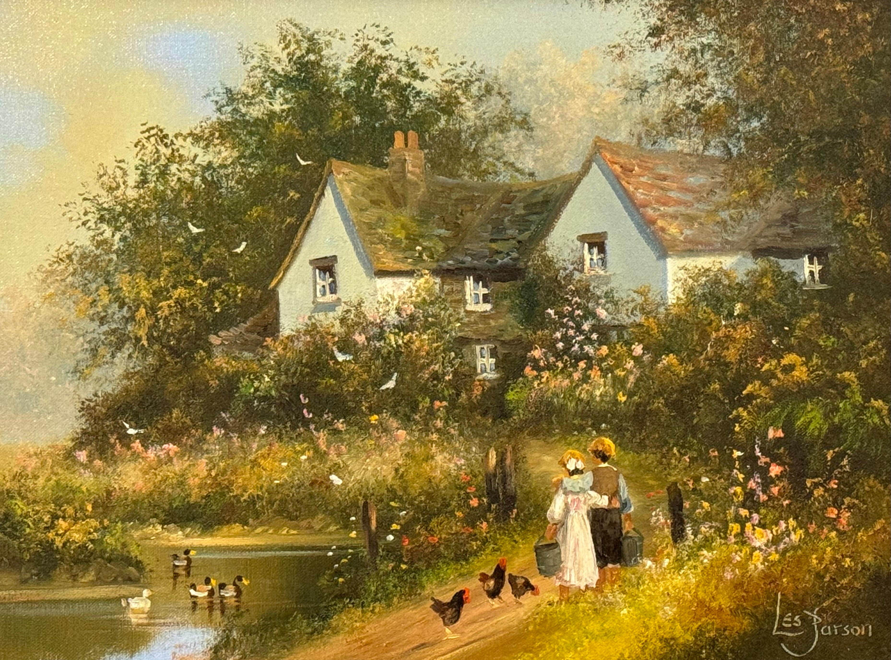 Children holding pails with chickens by a duck pond & cottage in Rural England For Sale 12
