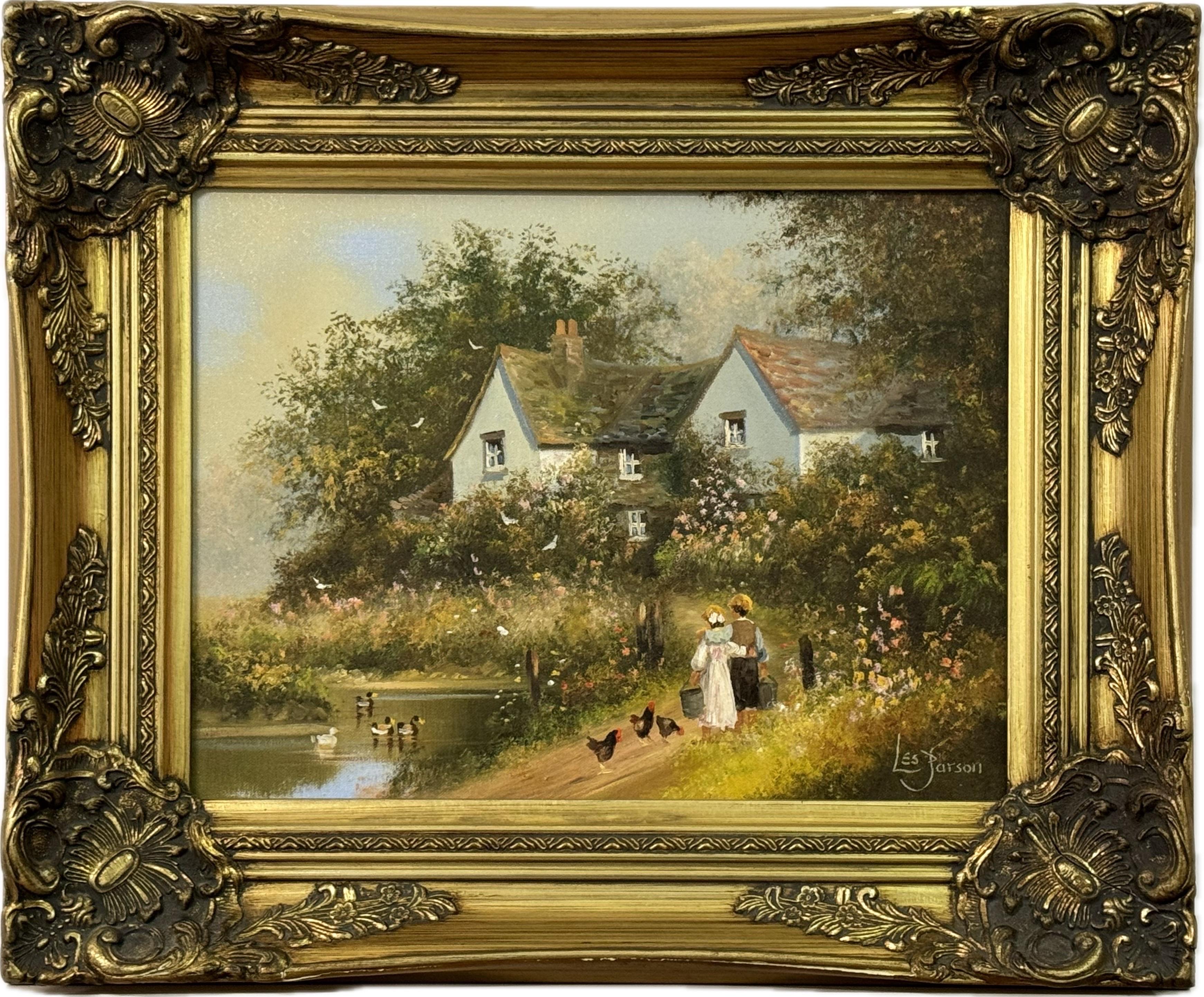 Children holding pails with chickens by a duck pond & cottage in Rural England - Painting by Les Parson
