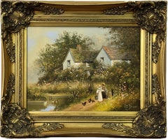 Children holding pails with chickens by a duck pond & cottage in Rural England