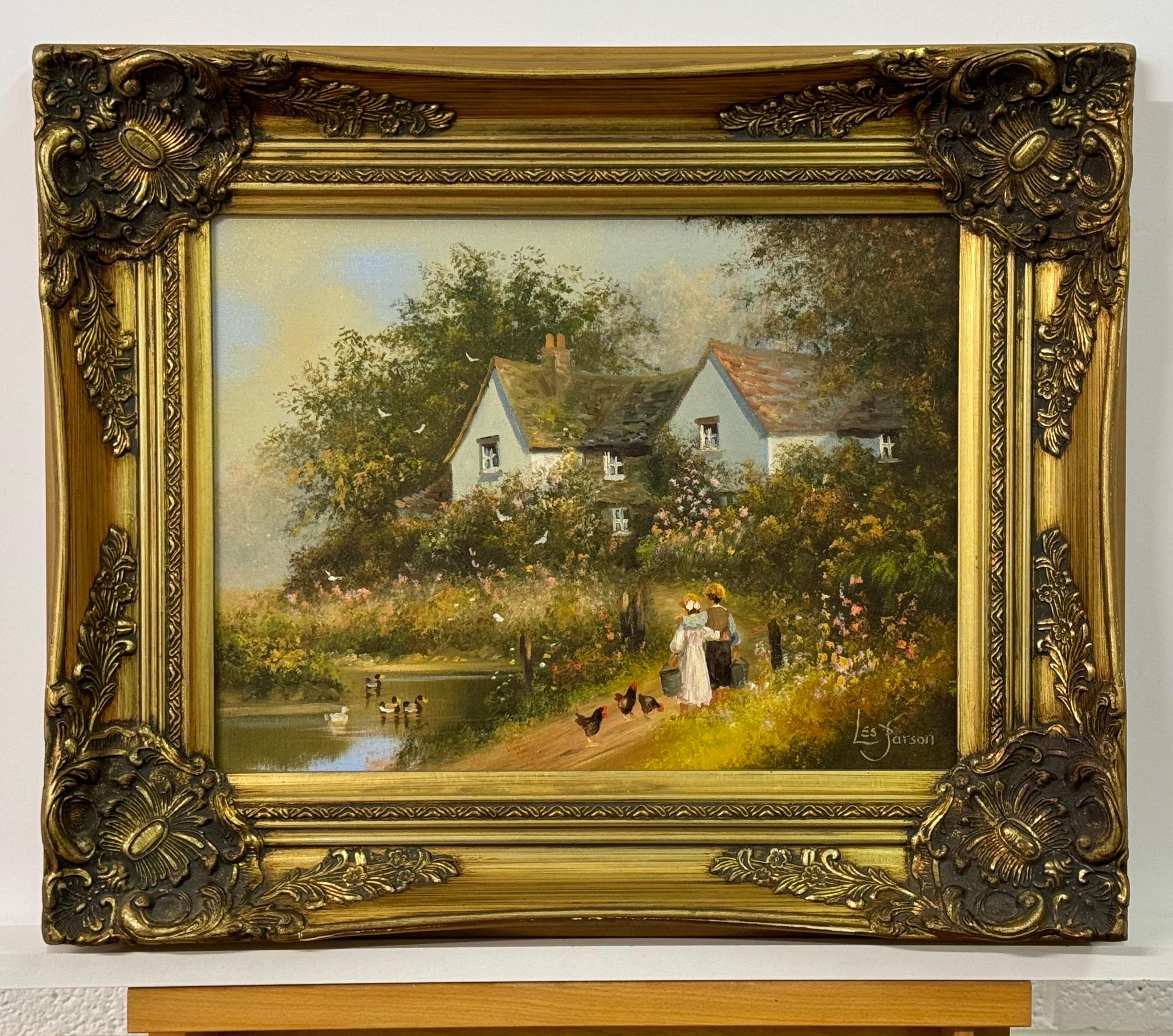 Children holding pails with chickens by a duck pond & cottage in Rural England - Realist Painting by Les Parson