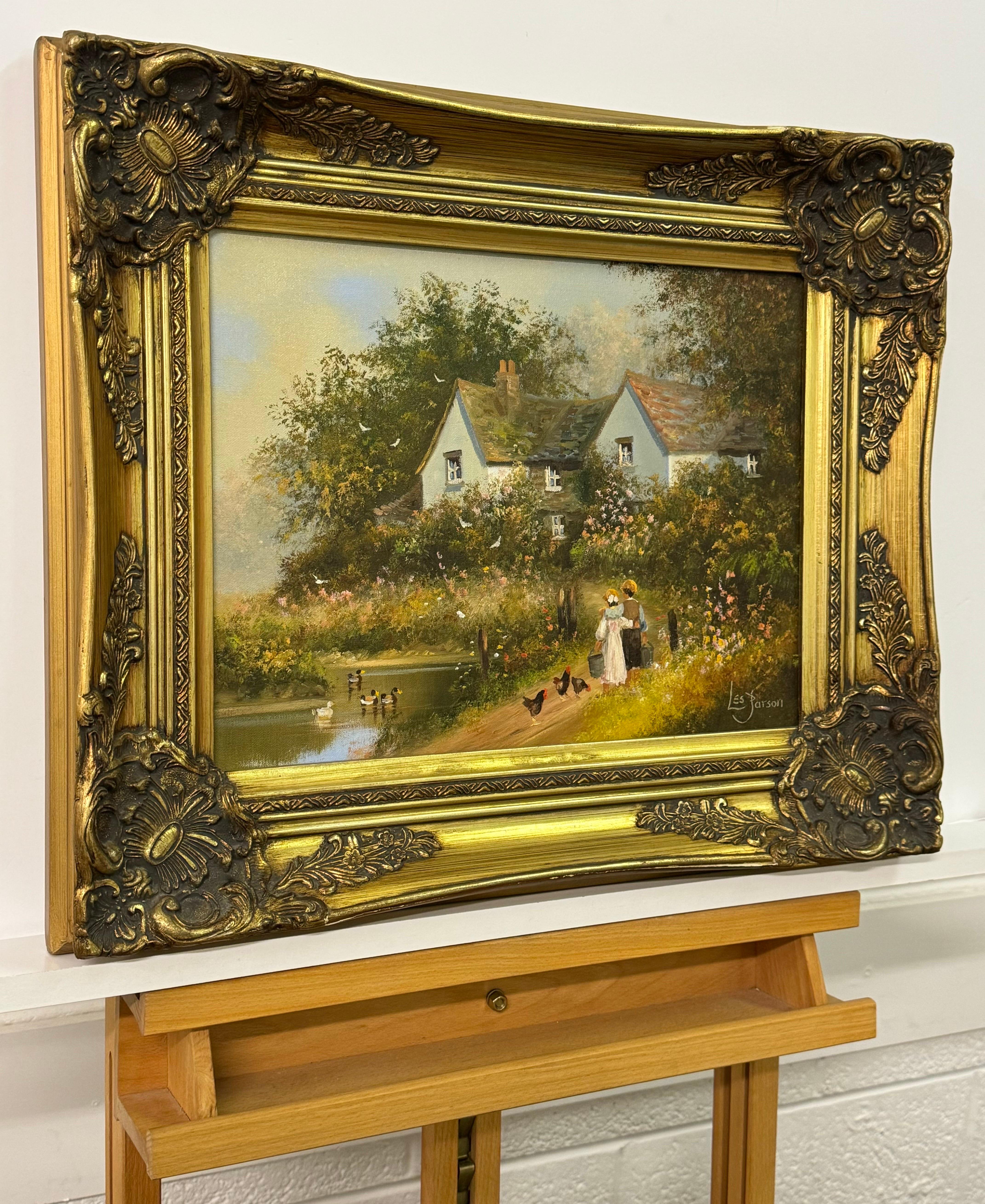 Children holding pails with chickens by a duck pond & cottage in Rural England - Brown Landscape Painting by Les Parson