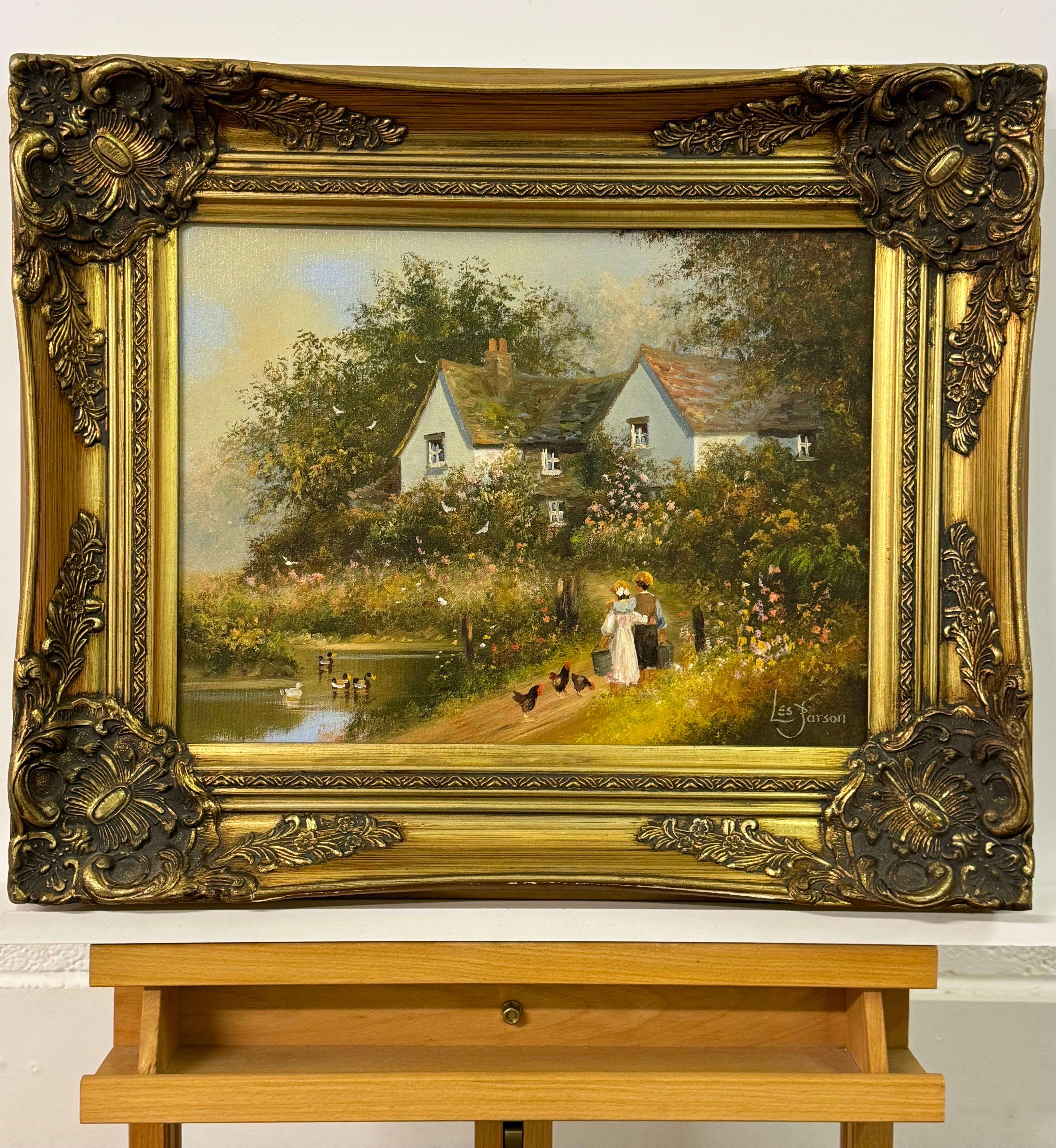 Children holding pails with chickens by a duck pond & cottage in the English Countryside by British Artist, Les Parson entitled 'Arm in Arm'. 

Art measures 16 x 12 inches
Frame measures 23 x 19 inches

This delightful painting evokes the charm of