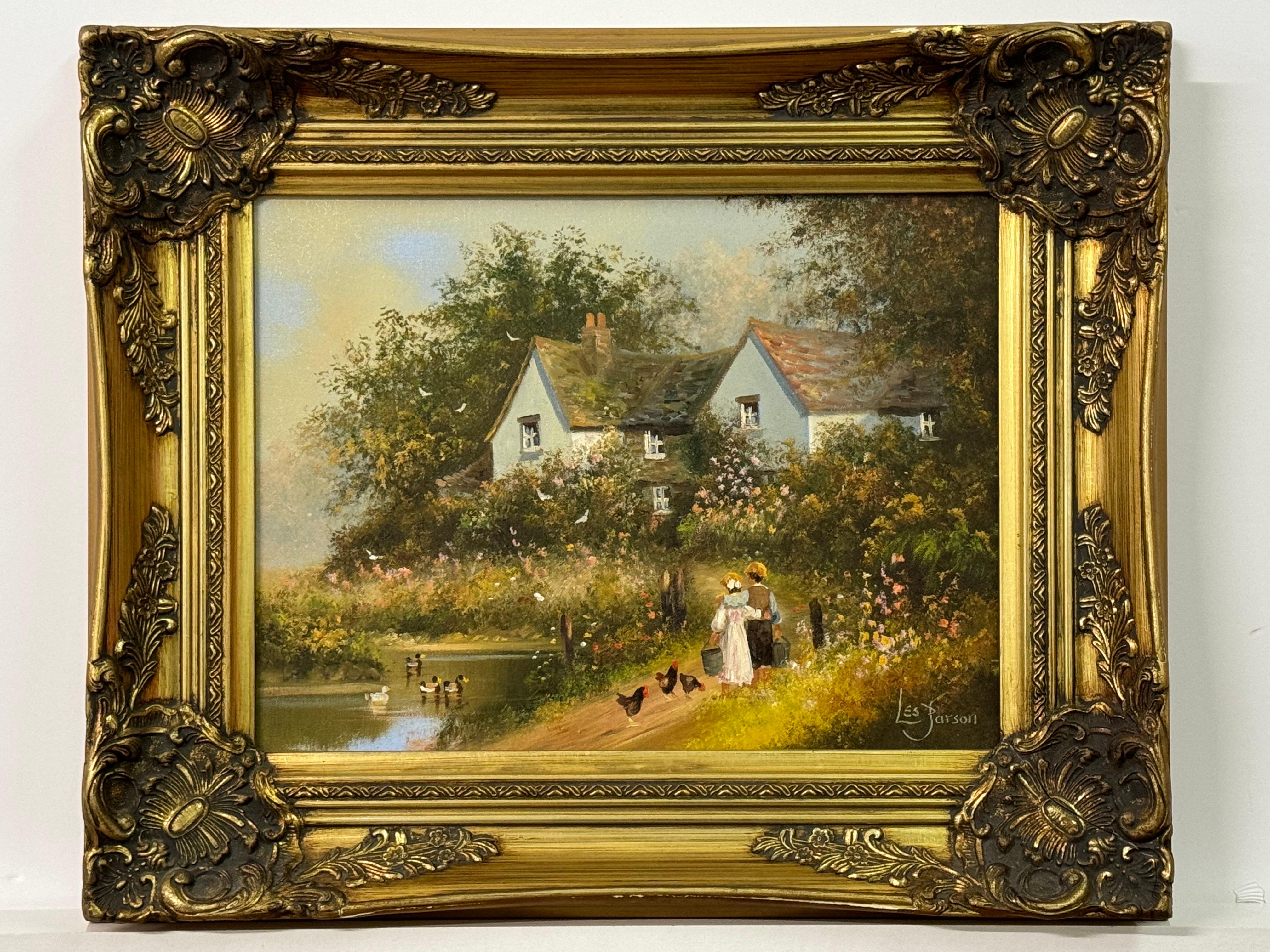 Children holding pails with chickens by a duck pond & cottage in Rural England For Sale 2