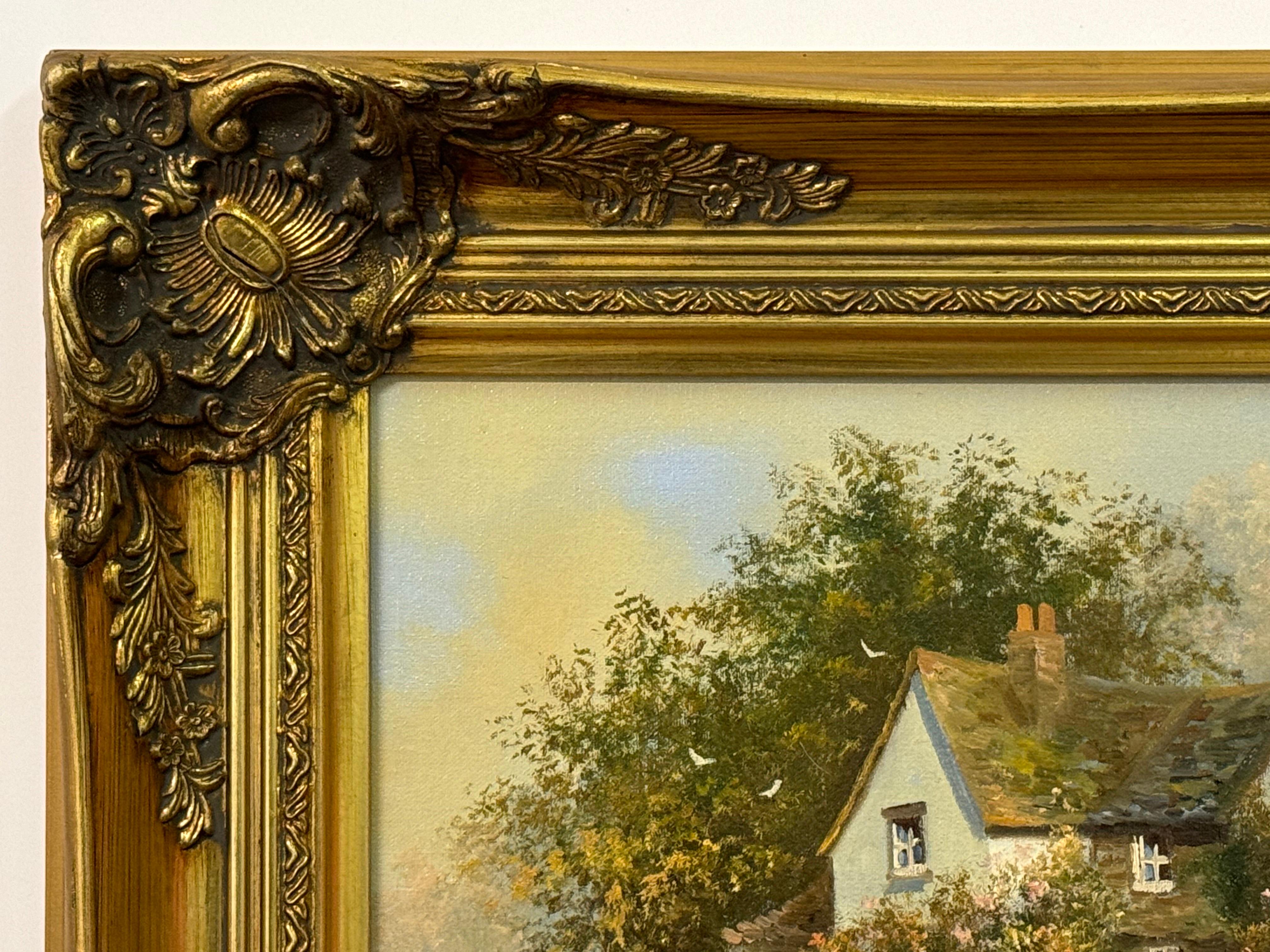 Children holding pails with chickens by a duck pond & cottage in Rural England For Sale 4