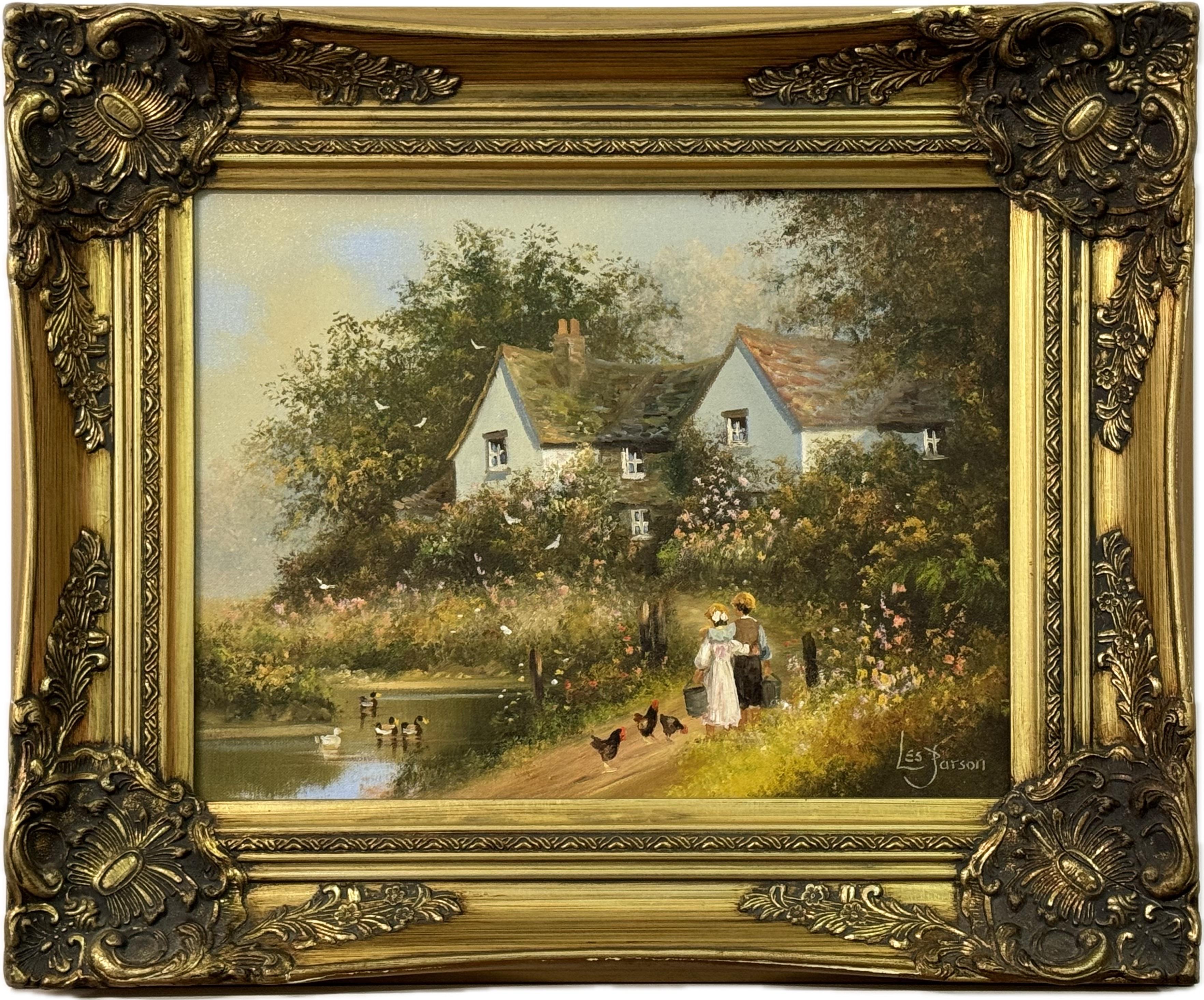 Les Parson Landscape Painting - Children holding pails with chickens by a duck pond & cottage in Rural England