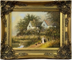 Children holding pails with chickens by a duck pond & cottage in Rural England