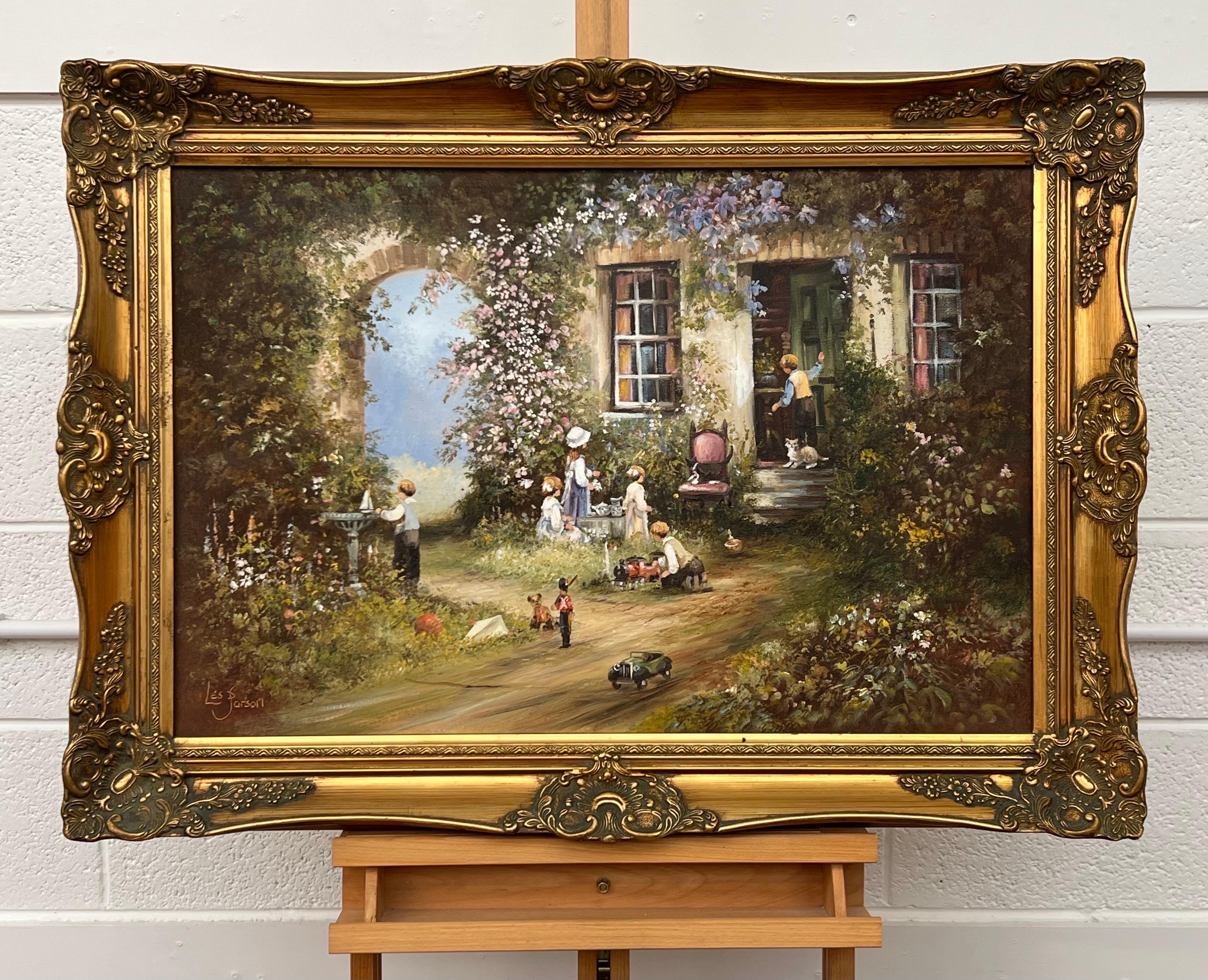 Children Playing in a Farmhouse Flower Garden in the English Countryside - Realist Painting by Les Parson