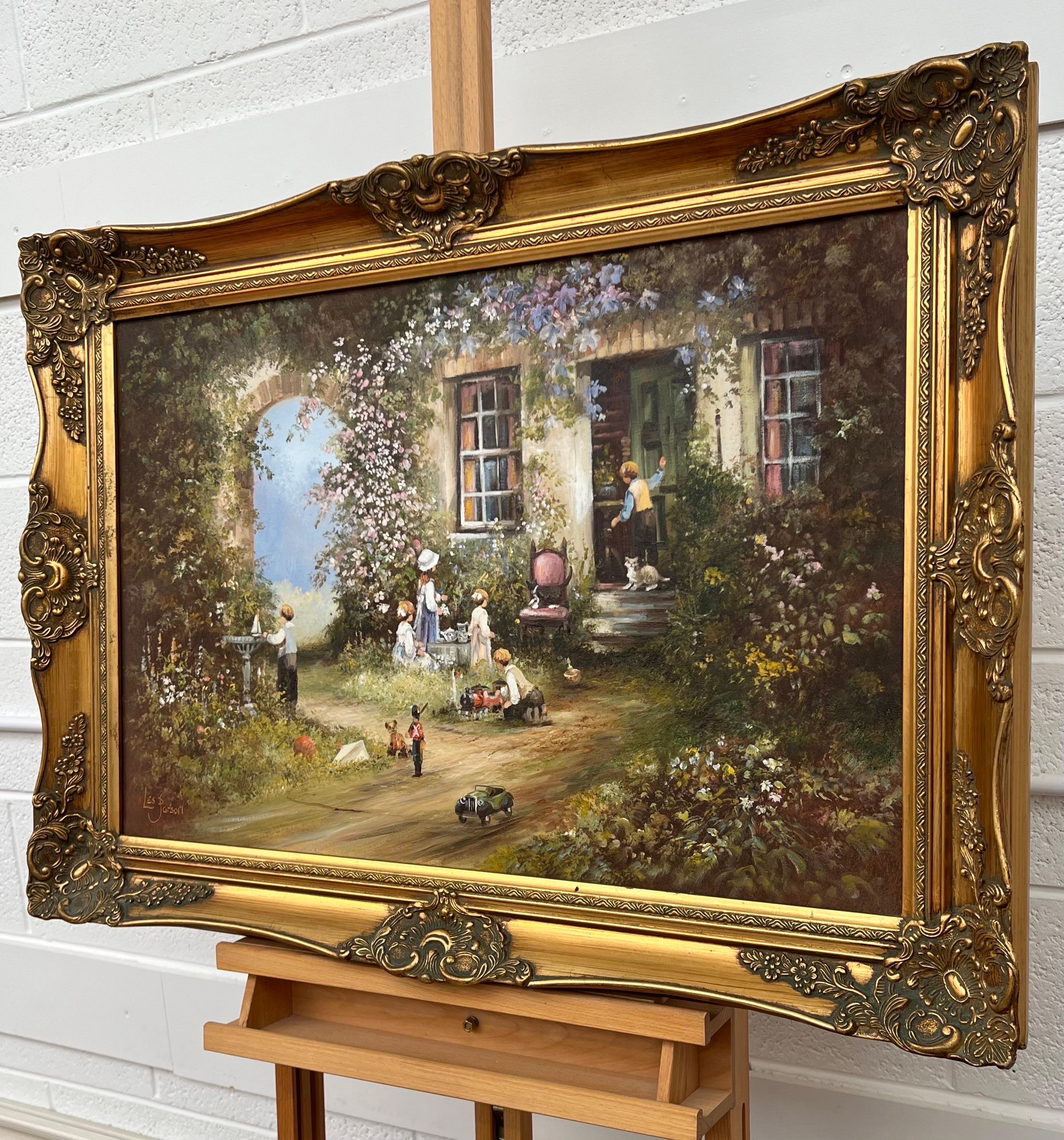 Children Playing in a Farmhouse Flower Garden in the English Countryside by British Artist, Les Parson

Art measures 30 x 20 inches
Frame measures 36 x 26 inches

This image depicts a picturesque and idyllic garden scene with several children