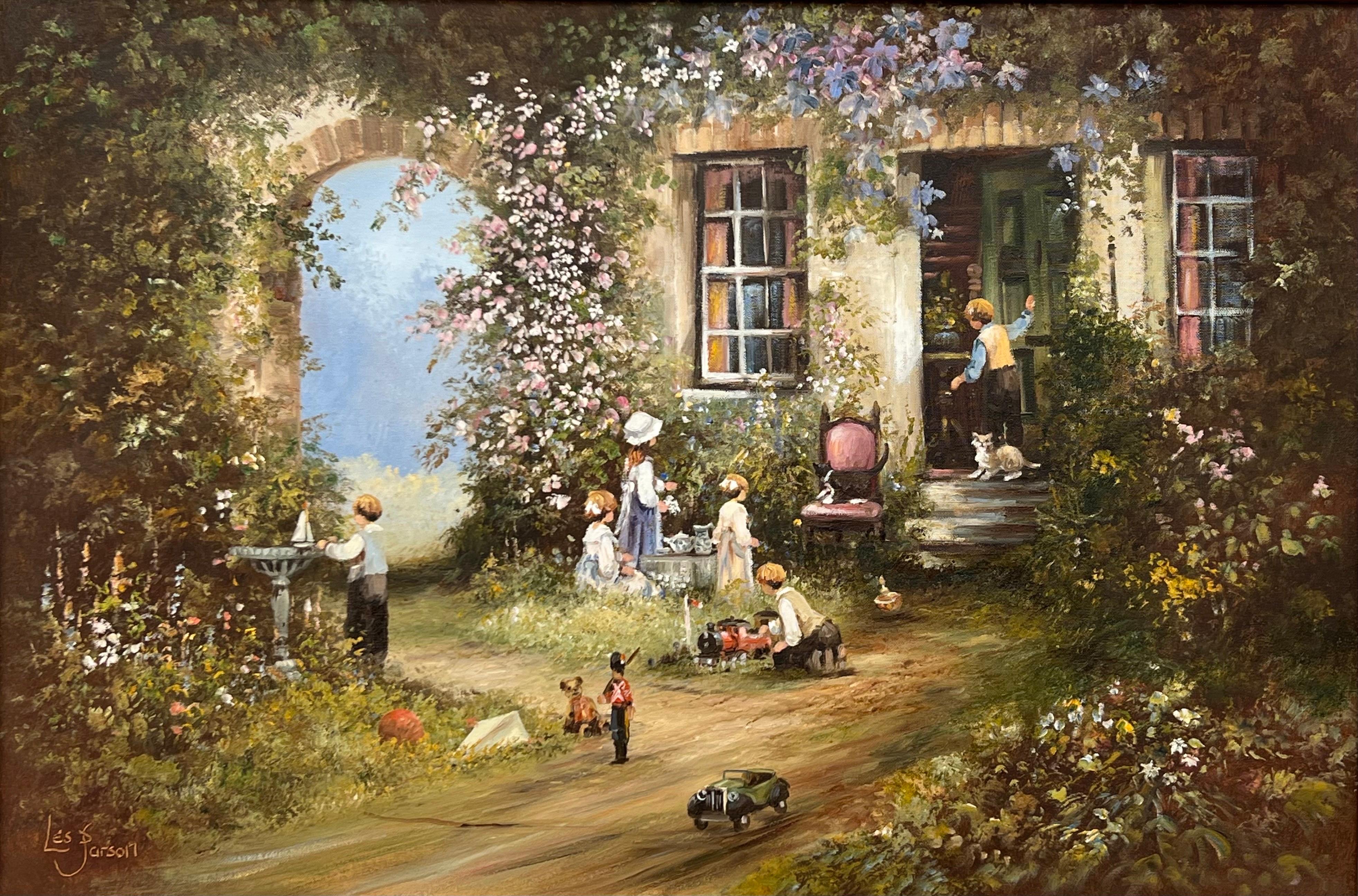 Children Playing in a Farmhouse Flower Garden in the English Countryside - Realist Painting by Les Parson